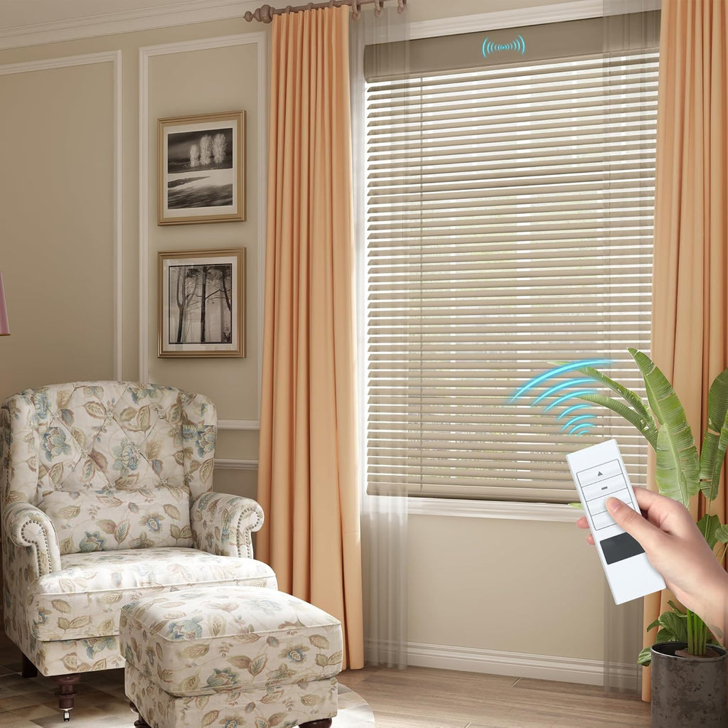 Motorized Cordless Aluminum Blinds with Remote, Automatic Room Darkening Horizontal Blinds for Indoor Windows, Light Adjustment Waterproof Blinds, Customized for Home, Office, Khaki