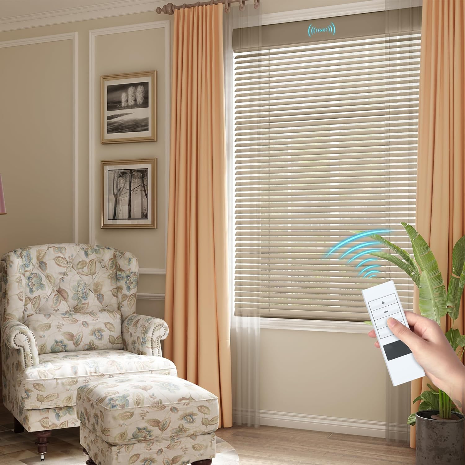 Motorized Cordless Aluminum Blinds with Remote, Automatic Room Darkening Horizontal Blinds for Indoor Windows, Light Adjustment Waterproof Blinds, Customized for Home, Office, Khaki