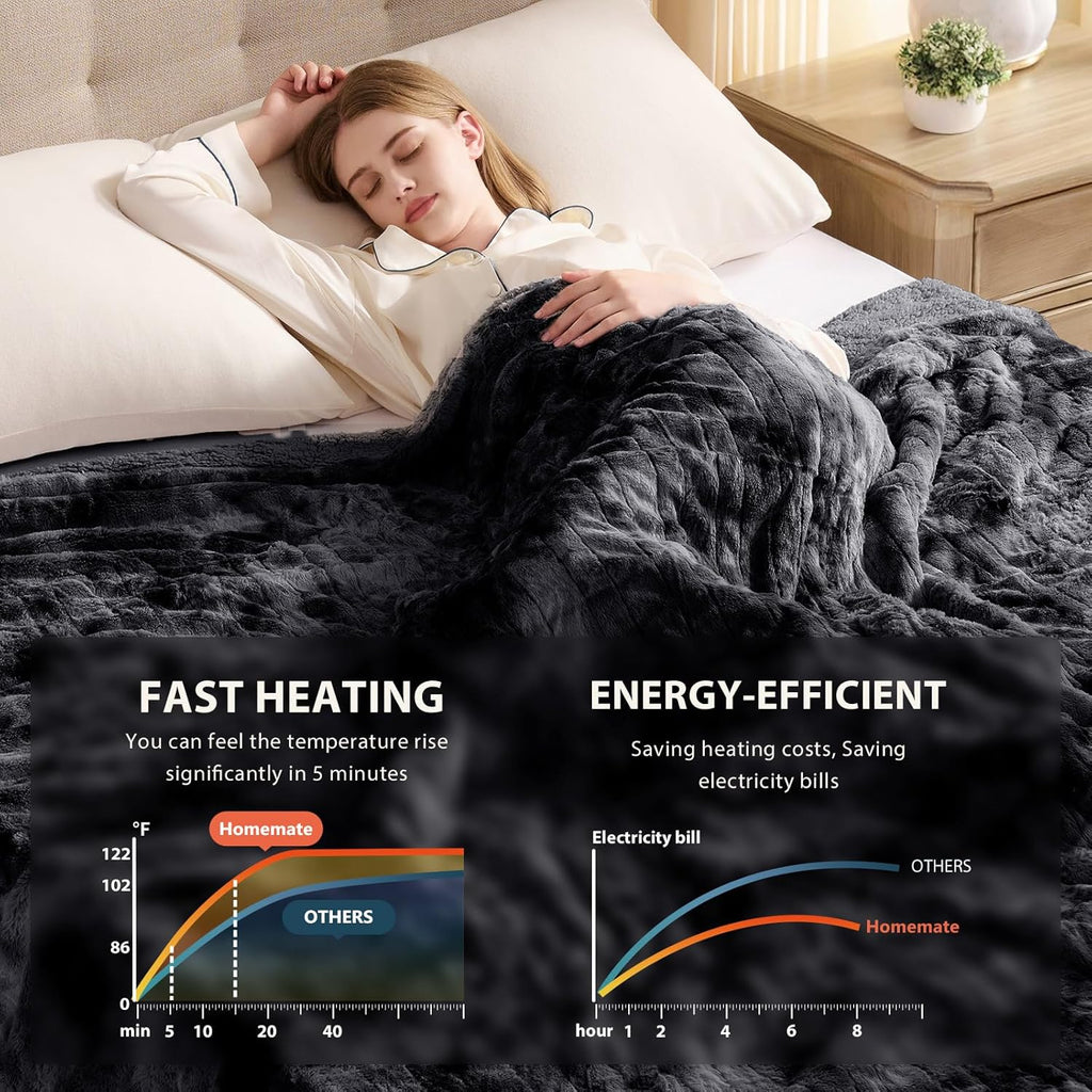 Homemate Heated Blanket Electric Throw - 50"x60" Heating Blanket Throw 1/2/4/6/8 Hours Auto-Off 10 Heat Levels Over-Heat Protection Luxury Faux Fur Sherpa ETL Certification
