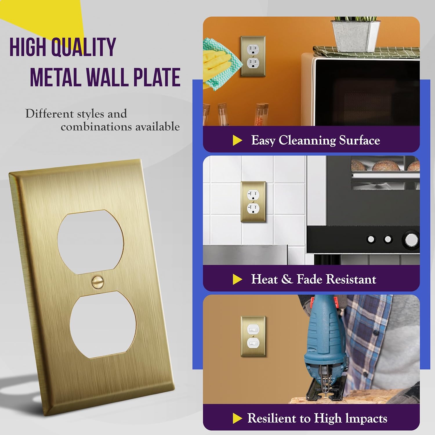 ENERLITES Duplex Receptacle Metal Wall Plate, Outlet Cover, Corrosion Resistant, Size 1-Gang 4.50" x 2.76", Stainless Steel 201, 7721-BB, Brushed Brass, Gold, Standard
