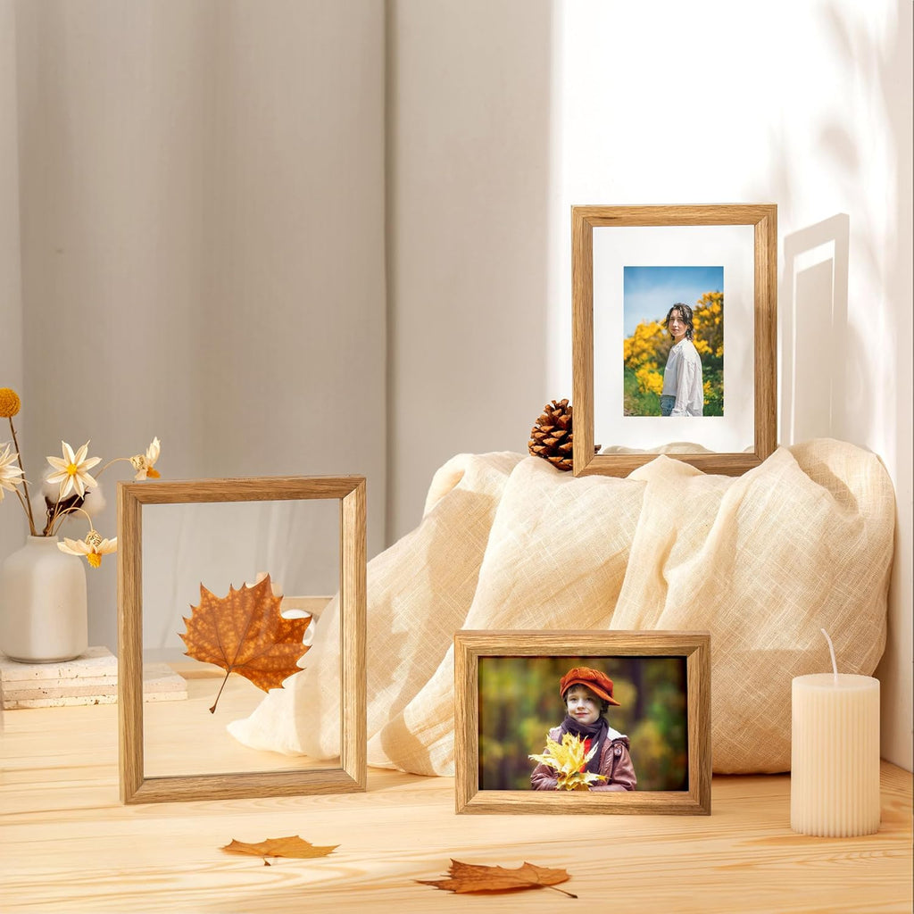 Axeman 6x8 Floating Picture Frame - Solid Oak Wood Picture Frame, Double Tempered Glass Photo Frame 2x3 4x6 5x7 6''x8'' Wood Frame, Wall Mount Or Tabletop Standing, Natural