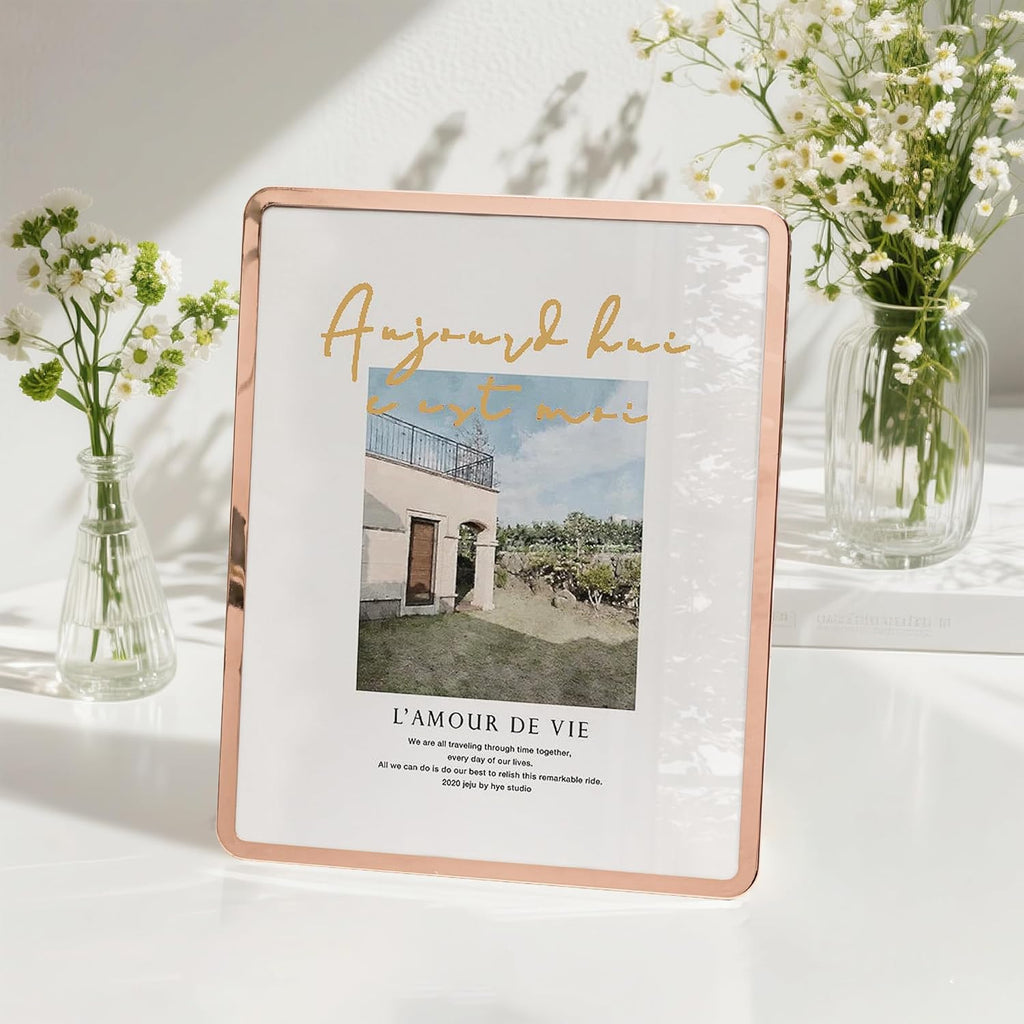 Axeman 8x10 Picture Frame-Metal Rounded Corner Frame 8x10, 8''x10''Photo Frame with Tempered Glass,Tabletop and Wall Display, One-Piece 8 By 10 Metal Picture Frame for images, Rose Gold