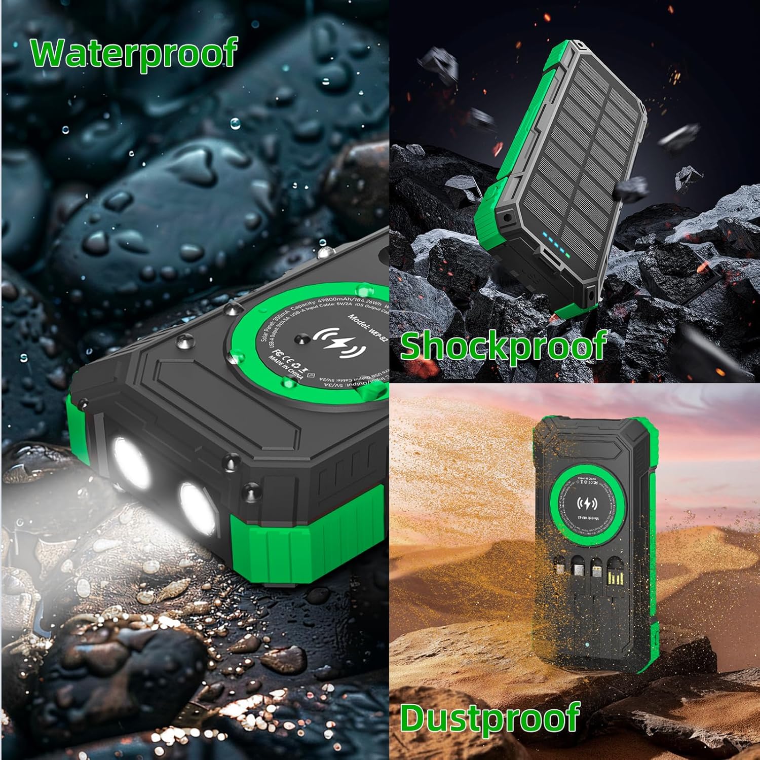 Solar Charger Power Bank 49800mAh Wireless Portable Phone Charger, 22.5W QC3.0 Fast Charging Built in 4 Cables with USB C 6 Outputs & 2 Inputs for All Cell Phone
