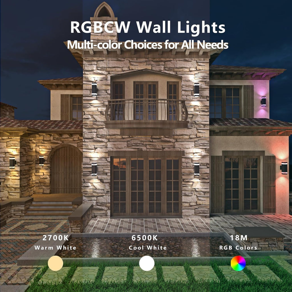 Smart WiFi Outdoor Wall Sconce Lights 2 Pack,Porch Lights RGB Color Changing App Control, Dimmable White Range of 2700K-6500K Up Down Exterior Wall Lights for House,Works with Alexa Google Assistant