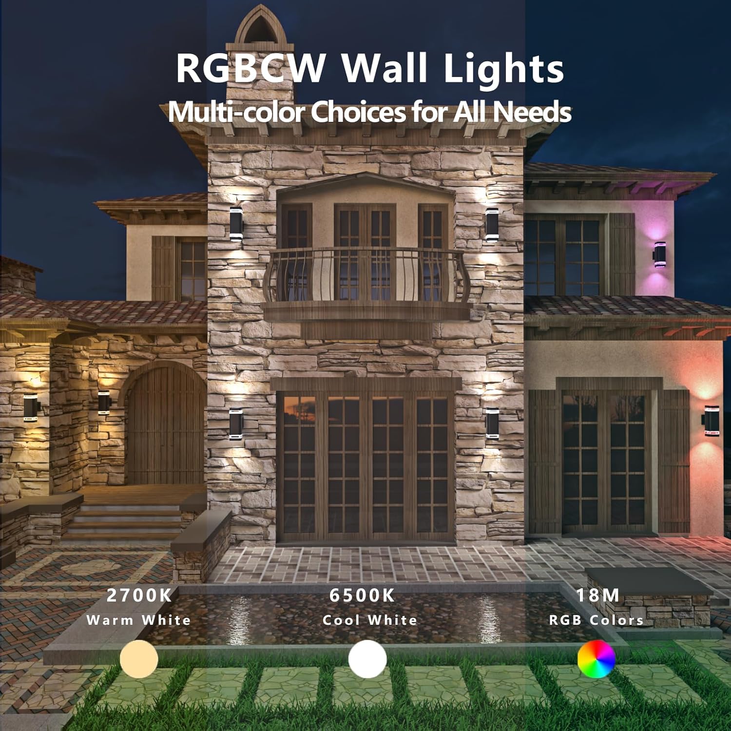 Smart WiFi Outdoor Wall Sconce Lights 2 Pack,Porch Lights RGB Color Changing App Control, Dimmable White Range of 2700K-6500K Up Down Exterior Wall Lights for House,Works with Alexa Google Assistant