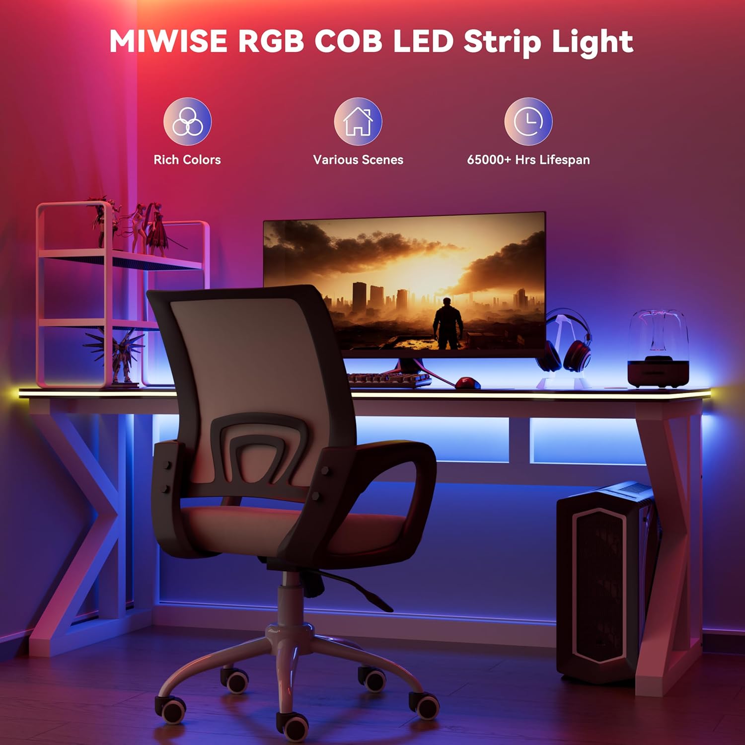 MIWISE RGB COB LED Strip Light 20ft/6.1m,Color Changing Dimmable Strip Light DC24V,Multicolor Flexible Tape Light 10mm Width,for TV,Bedroom,Party DIY Decoration(Power Supply&Controller NOT Included)