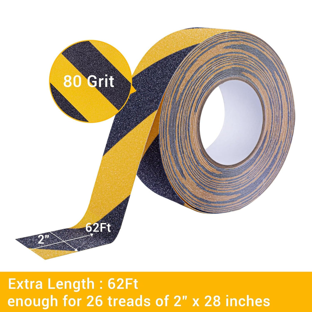 Anti Slip Tape, 2 Inch x 62 Ft Grip Tape for Stairs Outdoor/Indoor, Waterproof Non Skid Roll for Stair Treads Non Slip, High Traction Friction Abrasive Adhesive Stair Steps, Caution Yellow/Black