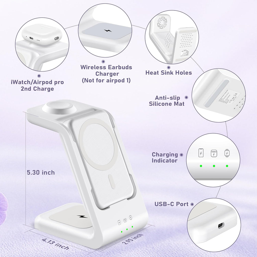 3 in 1 Wireless Charging Station: 5000mAh Removable Power Bank Charger Stand for Phone/Watch/Air Pods - Portable Magnetic Battery Pack for Air 17 16 15 14 13 12 Series White