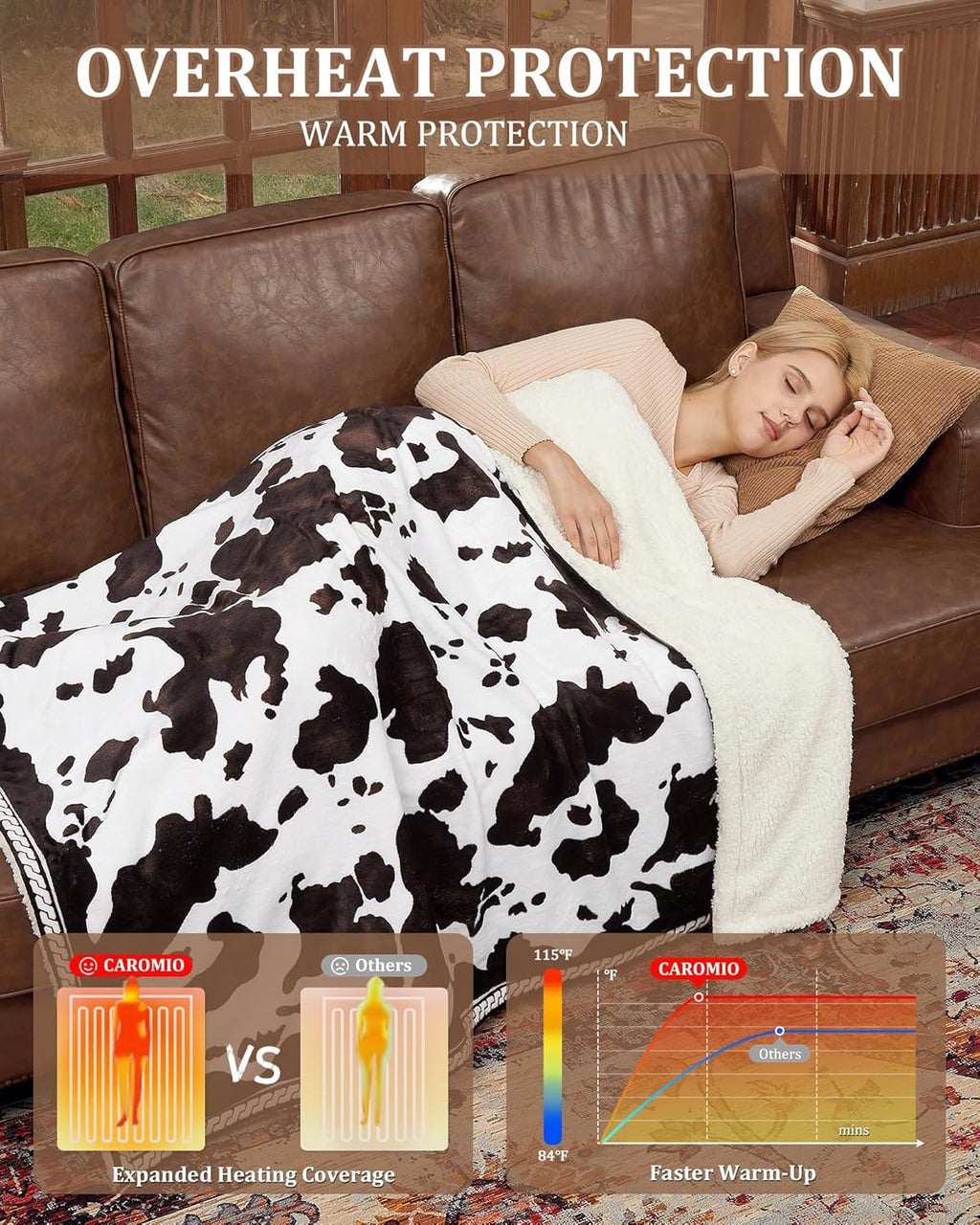 CAROMIO Heated Electric Blanket Twin Size, Cow Print Fast Heating Throw Blankets with LCD Controller, 10 Heat Levels & 1-12H Time Settings Auto Off, ETL Certified, Brown Black, 62" x 84"