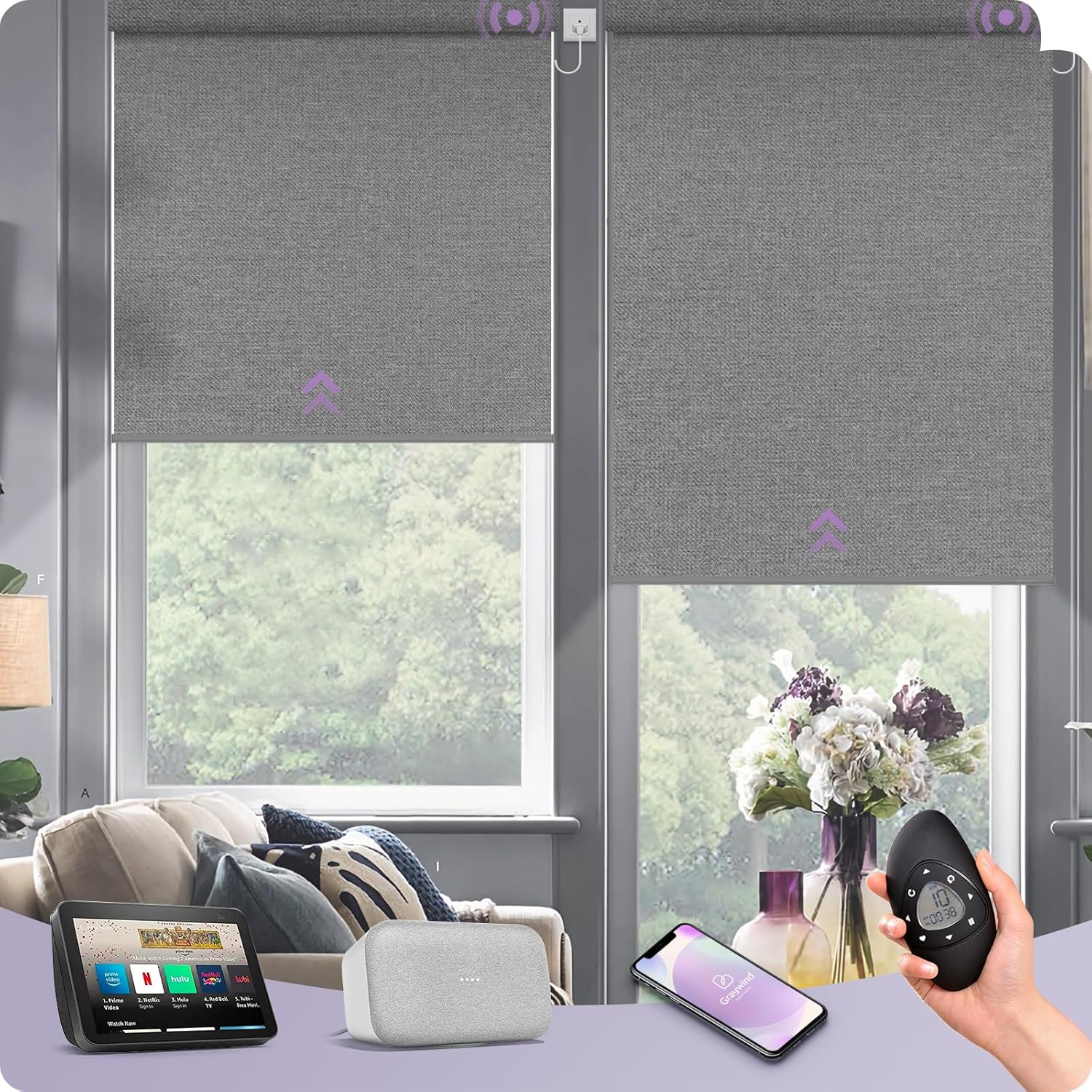 Graywind Motorized Roller Shade 100% Blackout Compatible with Alexa Google Textured Fabric Remote Control Hardwired Window Shades Window Blinds, Customized Size (Weaving Cloud)