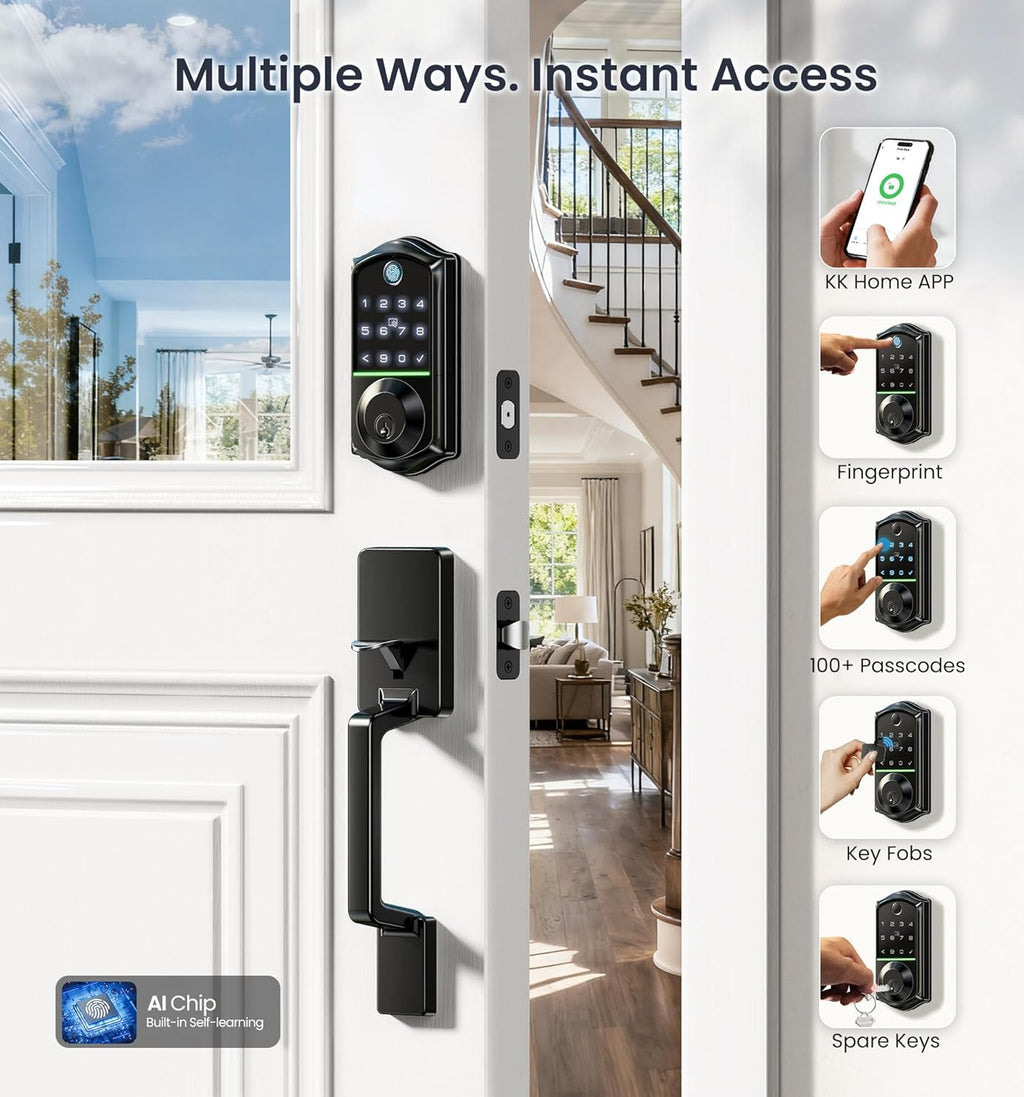 Veise VE017-D Fingerprint Smart Front Door Lock Set, App Control, 8-in-1 Keyless Entry Deadbolt with Lever Handle, Emergency Power Port, Auto Lock, Touchscreen Keypad, Easy Install, Matte Black