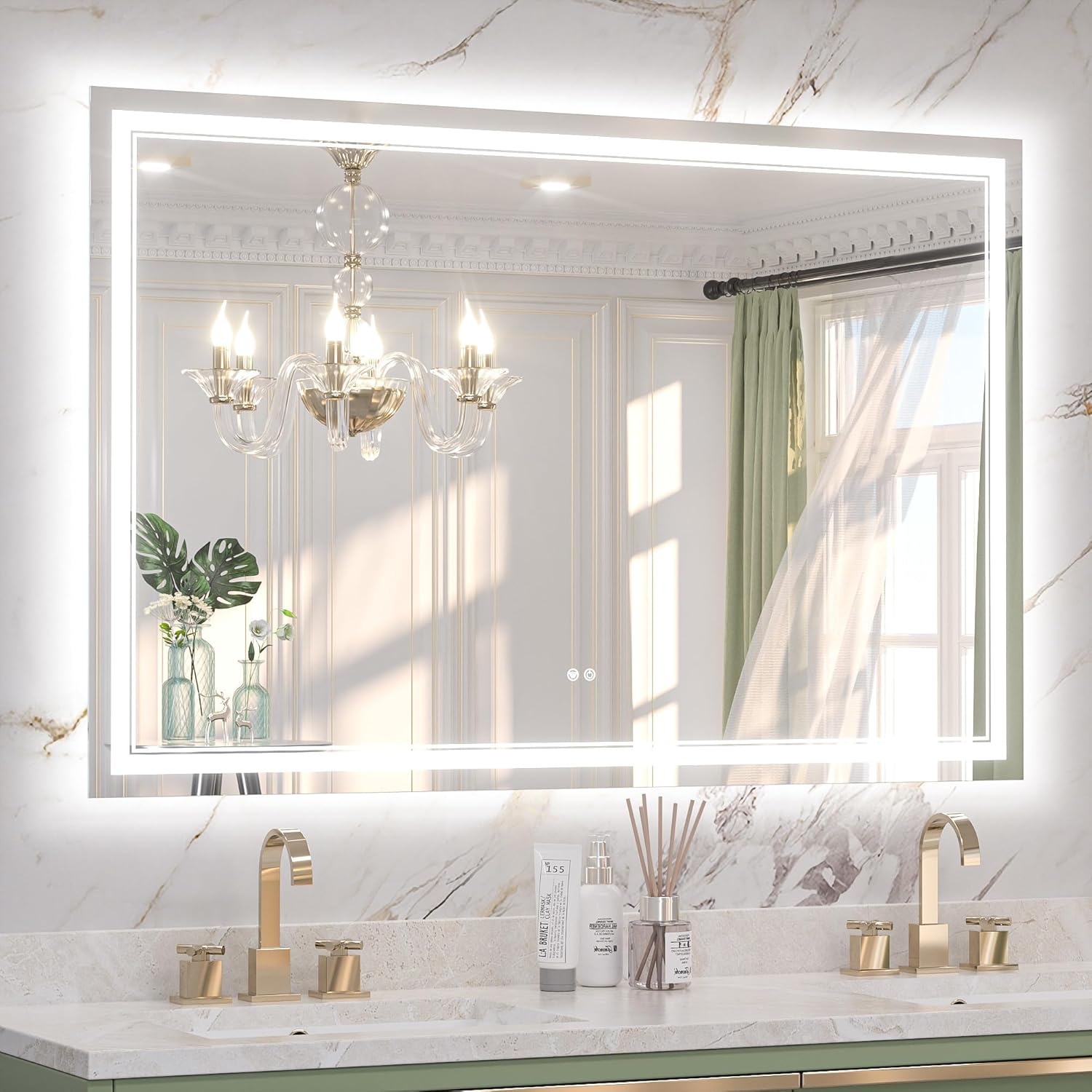 Keonjinn 55" x 36" LED Mirror, Frontlit & Backlit Bathroom Mirror, Oversized, Tempered Glass, Energy-Saving, Anti-Fog, Warm/Neutral/White Lights, Stepless Dimmable, UL-Listed LED Driver
