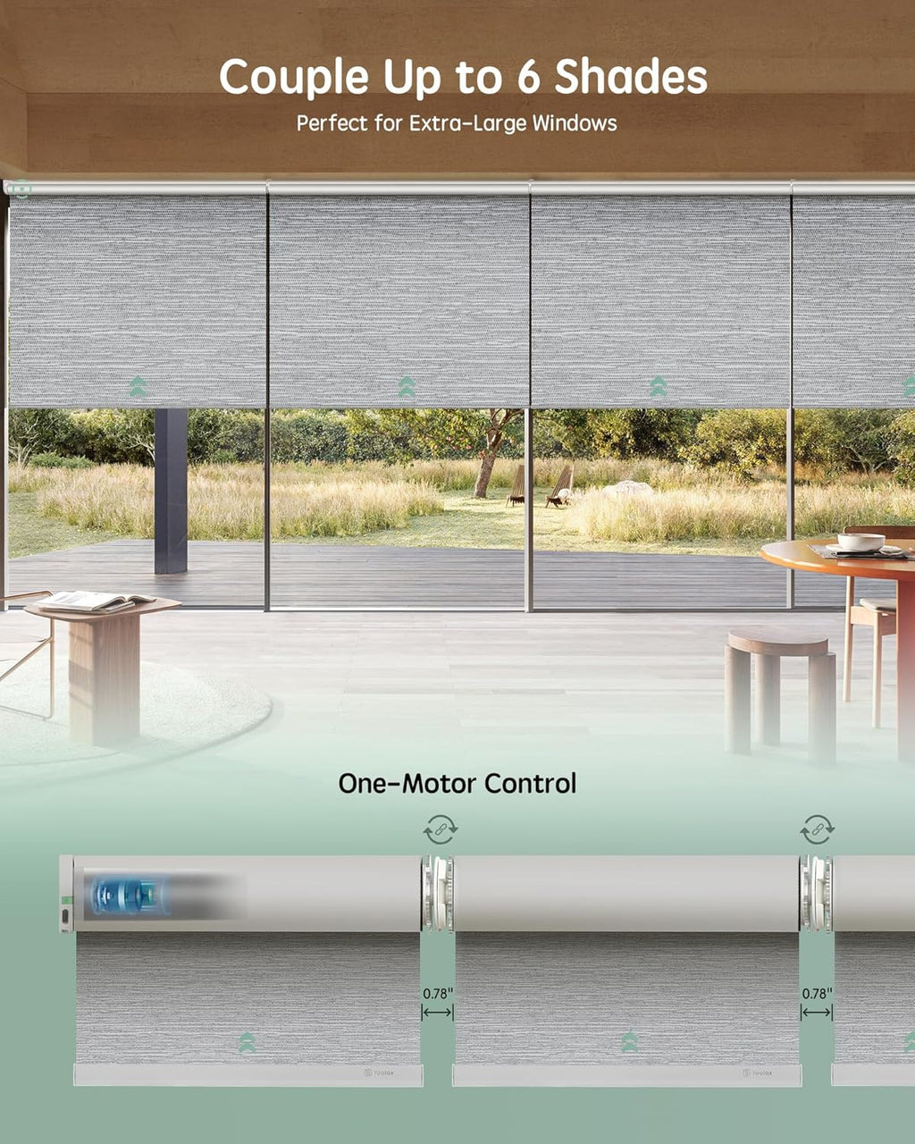 Yoolax Smart Coupled Roller Shades Compatible with Alexa Google, Motorized Blinds with Remote Blackout Coupled Roller Shades for X-Large Windows, Custom Size (XL Coupled-Foggy Gray)