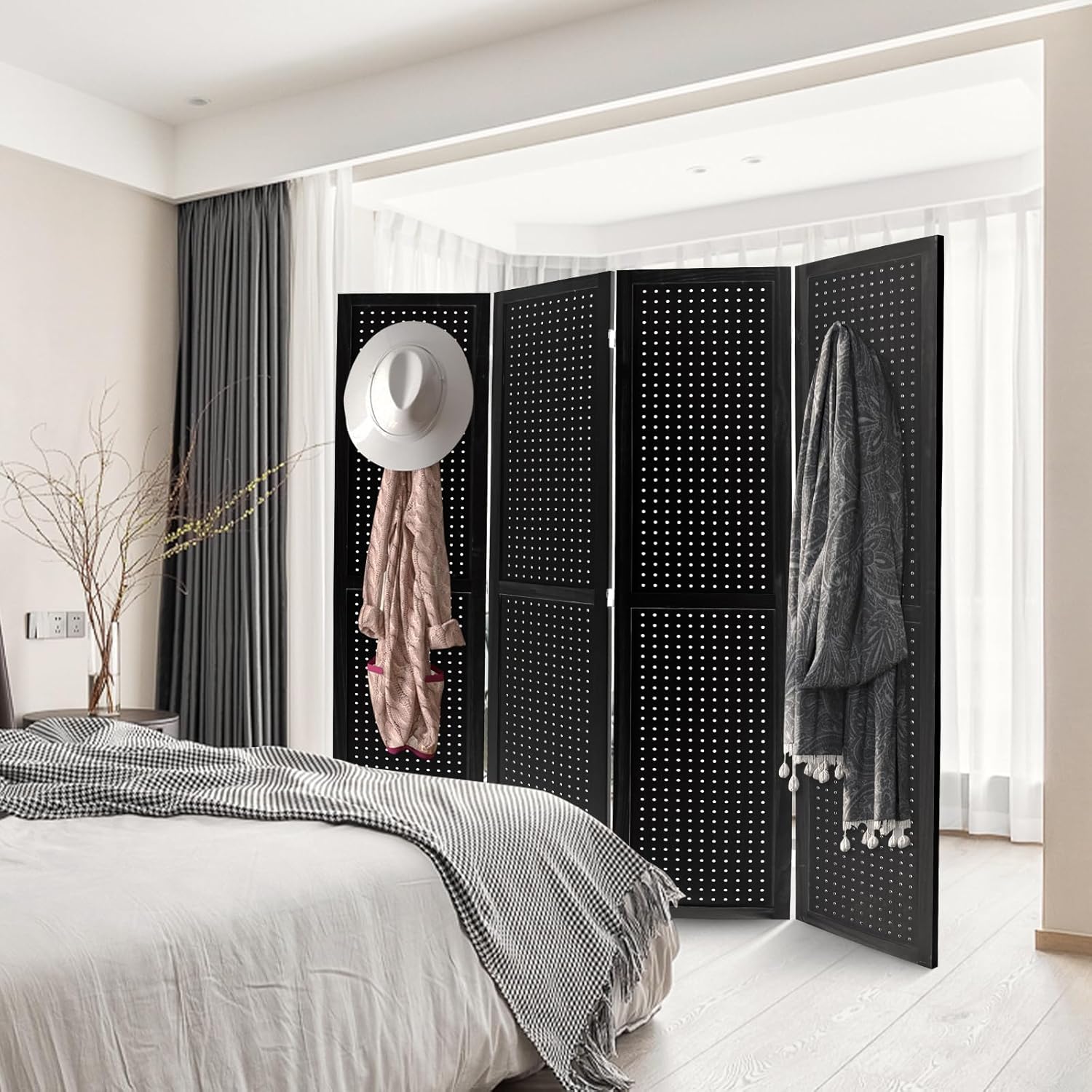 Babion 4 Panel Pegboard Display, Peg Board Room Divider Freestanding Folding Privacy Screens Display Stand for Craft Shows (Black)