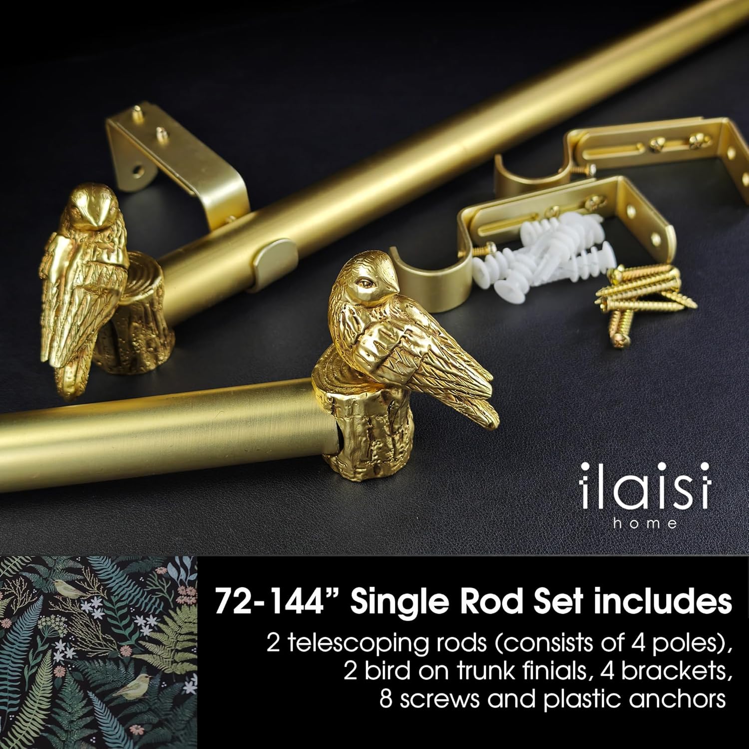1-1/8 Inch Diameter Brushed Gold Curtain Rod with Bird Design Finials, 72-144'' Telescoping Single Curtain Rods for window width 68-140 inch, 1 pack