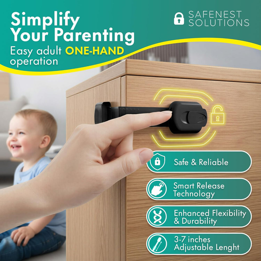 SAFENEST Child Proof Cabinet Locks (5 Pack Black) 3M Adhesive for Cabinets and Drawers, Fridge, Drawer Locks Baby Proofing, No Drilling; Alcohol Prep Pads Included