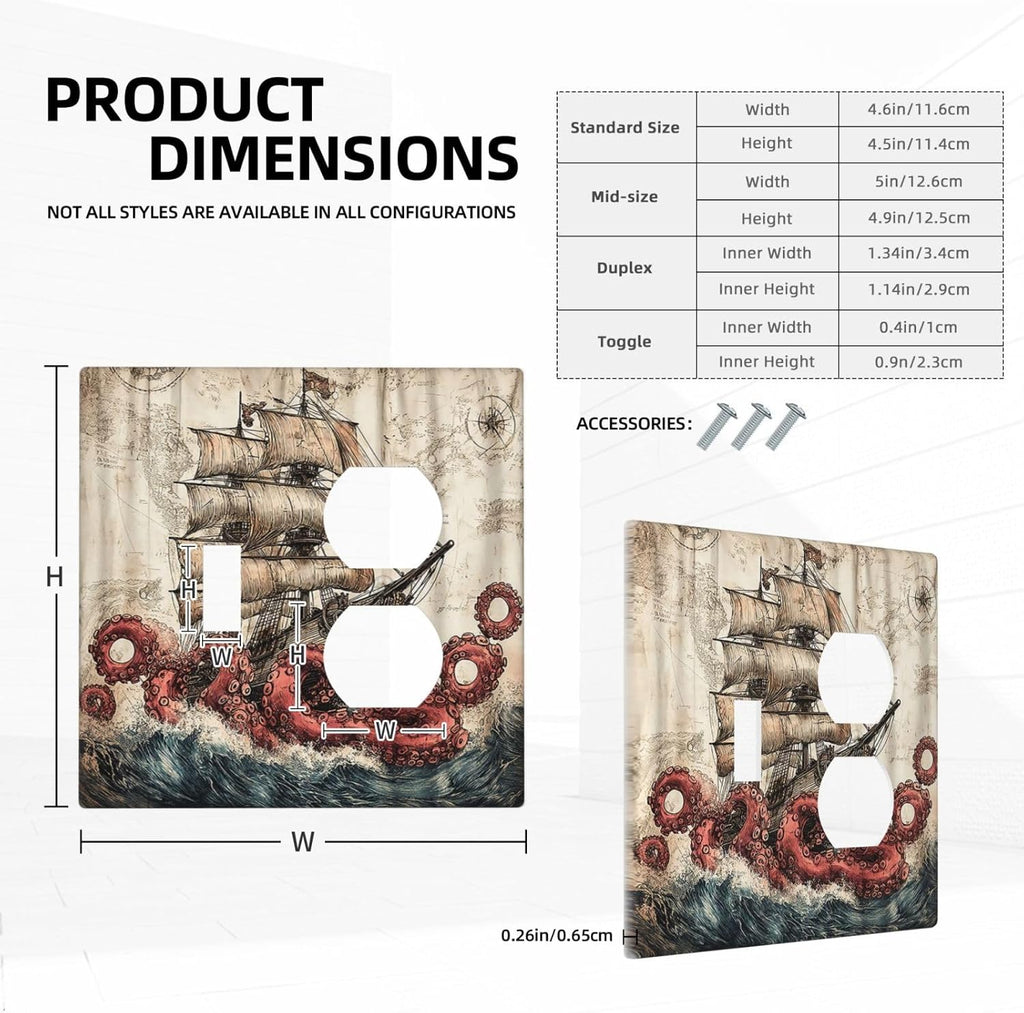 Wallplates Vintage Octopus Ocean Sailboat Bizarre Adventure 1 Toggle 1 Duplex Switch Plate Electrical GFCI Faceplate Decorative Light Switch Covers for Bathroom Kids room Decor
