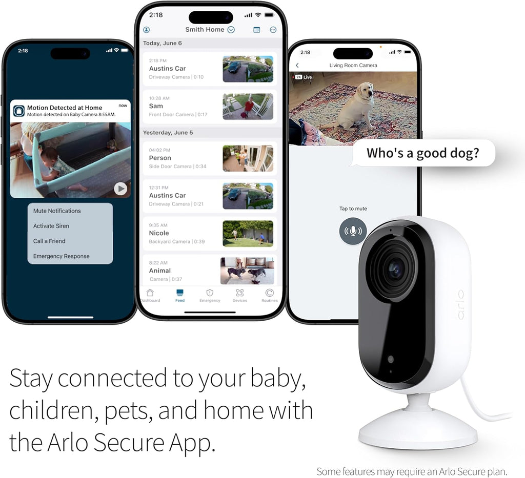 Arlo Essential Security Camera 2K | Indoor Only| 2nd Gen | Baby Monitor & Pet Camera | Wireless with Spotlight, 2-Way Audio, Color Night Vision, Live Stream, Motion Activation, White, 2 Cameras