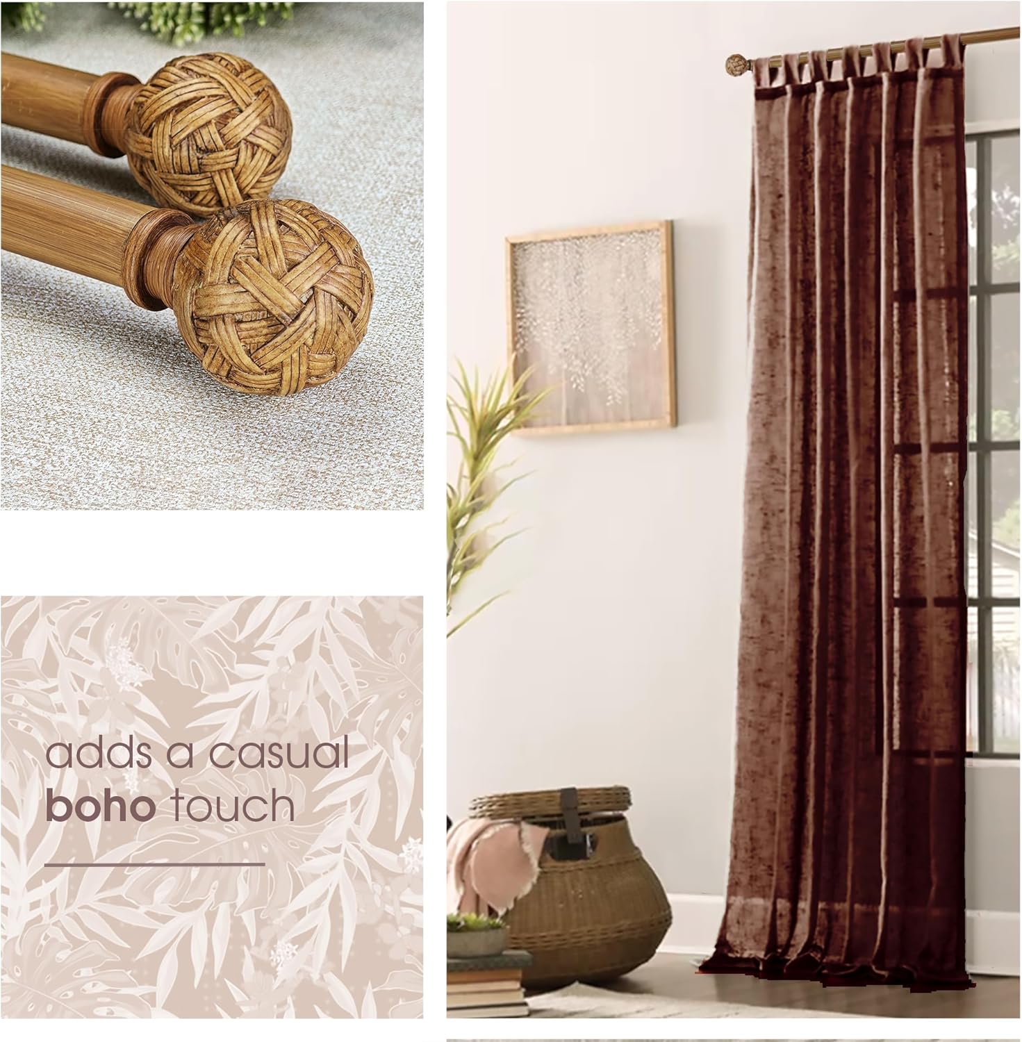Faux Wood Style Curtain Rod Set with Faux Rattan Look Finial, 36-72 inch, Standard Single Drapery Rod for 1 Pack, 1 inch diameter, Adjustable Length