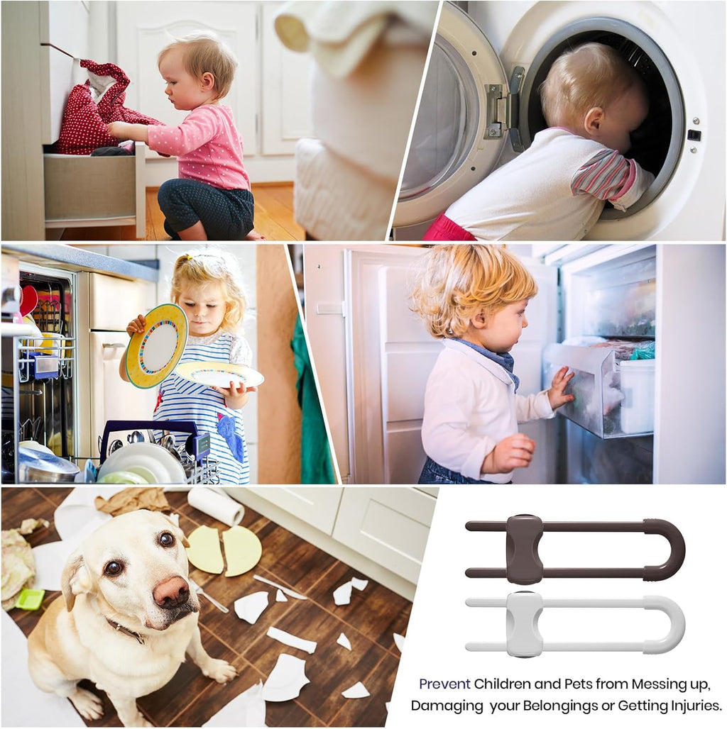 Jetec 10 Pieces Cabinet Locks for Babies, U-Shaped Proofing Drawers Safety Child Locks Adjustable, Easy to Use Childproof Latch for Knob Handle on Kitchen Door Storage Cupboard Closet (Brown,White)