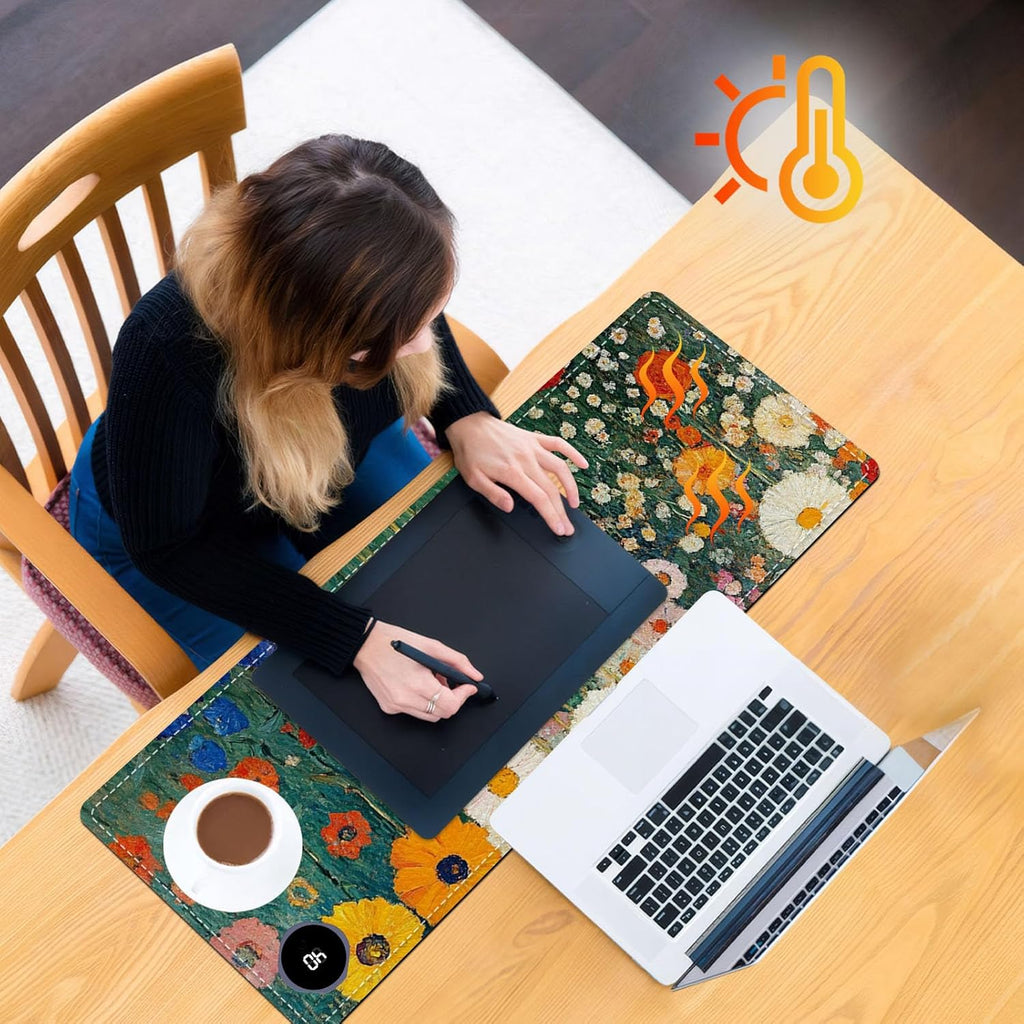 Heated Mouse Pad 31.5x13 in 3-Temp Fast Heating Desk Mat with Auto Timer Warmer for Hands Wrist Pain Relief Waterproof Keyboard Mat for Office, Gaming, Home, Floral Garden