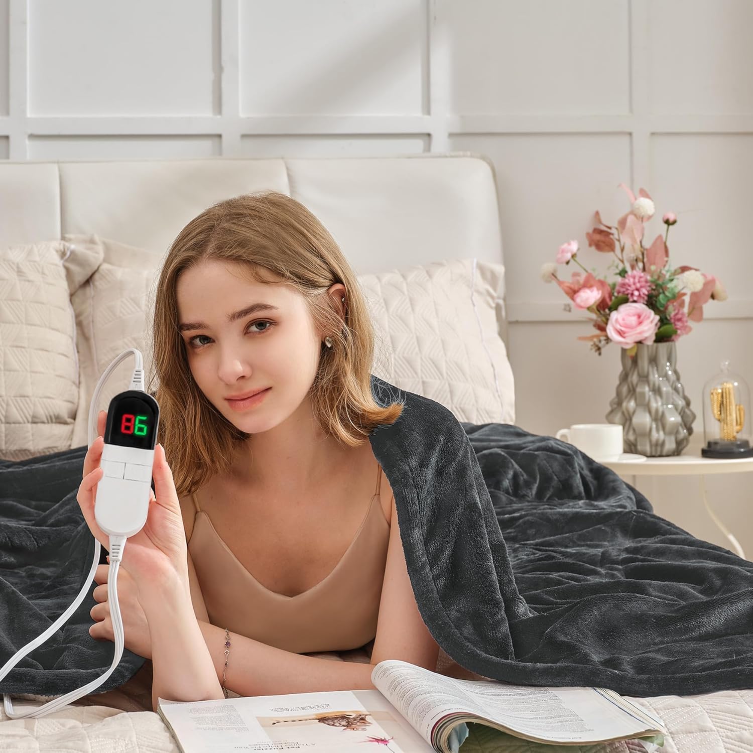 Heated Throw Blanket 50"×60" - Premium Cosy Soft Electric Blanket with 6 Heating Levels,Fast Heating Flannel Sherpa Blanket for Bed & Couch - Auto Shut Off/Machine Washable (Grey)