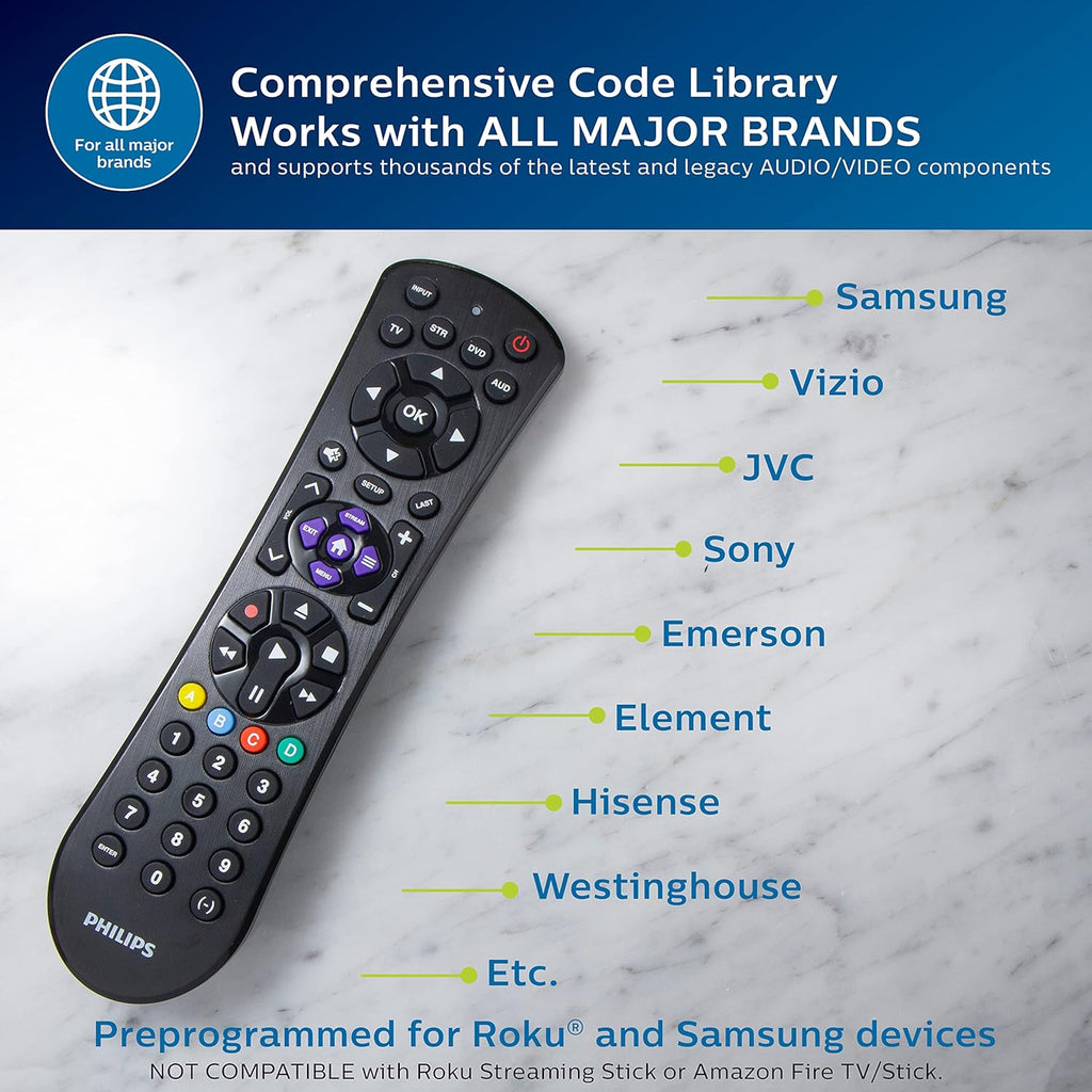 Philips Universal Remote Control for Samsung, Vizio, LG, Sony, Sharp, Roku, Apple TV, RCA, Panasonic, Smart TVs, Streaming Players, Blu-ray, DVD, Simple Setup, 4-Device, Black, SRP9243B/27