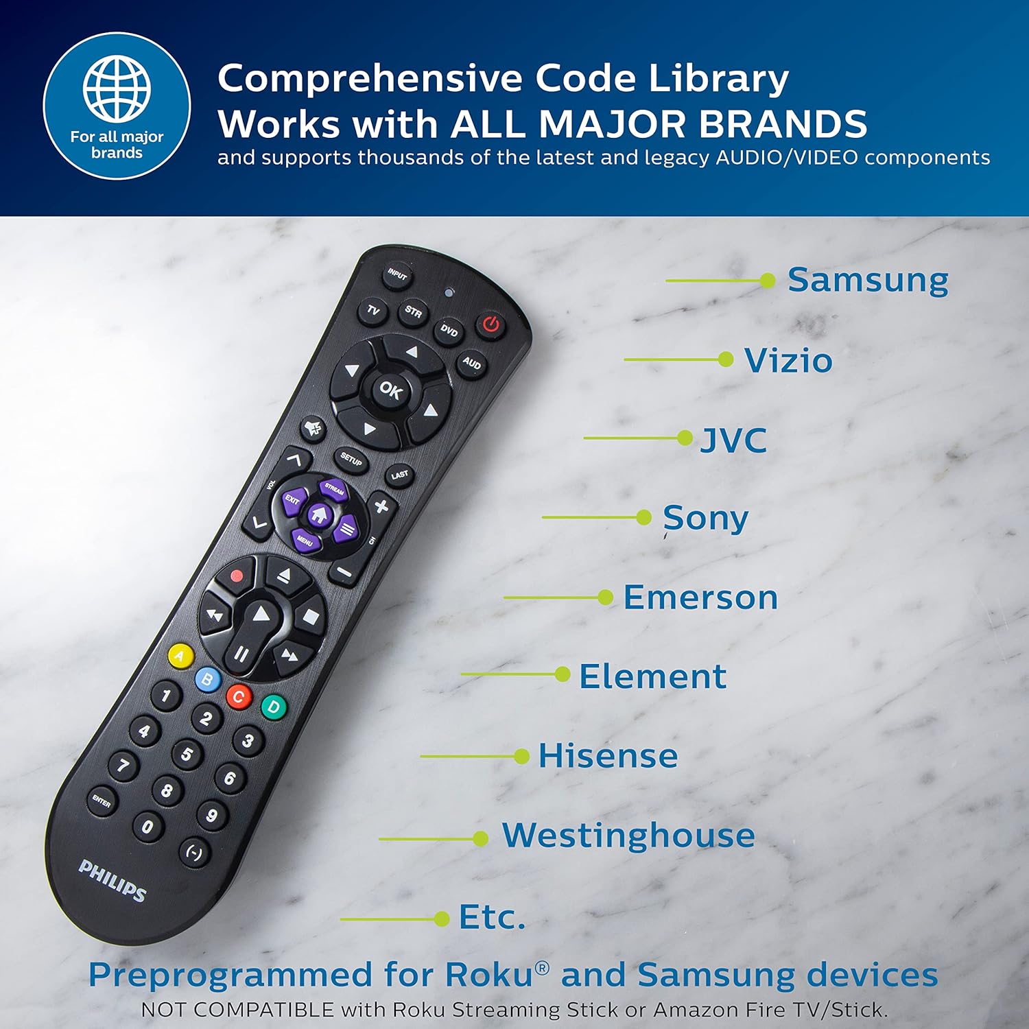 Philips Universal Remote Control for Samsung, Vizio, LG, Sony, Sharp, Roku, Apple TV, RCA, Panasonic, Smart TVs, Streaming Players, Blu-ray, DVD, Simple Setup, 4-Device, Black, SRP9243B/27