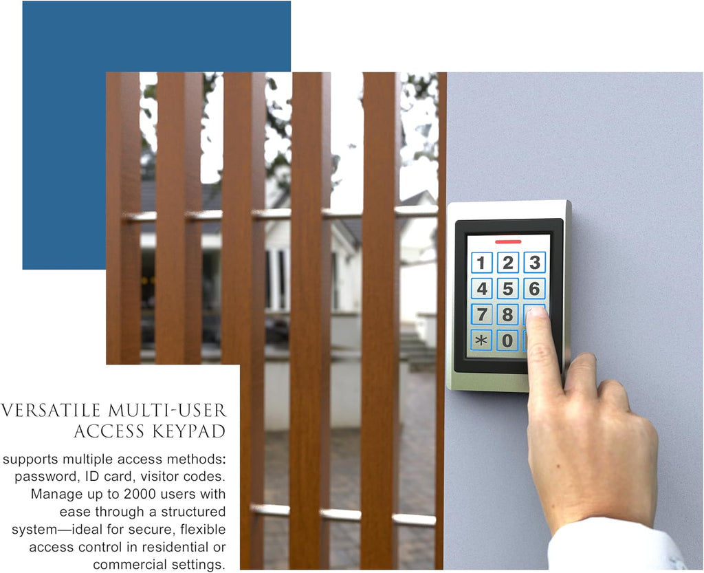 Blütezeit Wired Gate Opener Keypad with 2 RFID Cards & 16.4ft Cable, IP67 Waterproof Metal Entry Pad for Garage Door, Gate Motors, 12V DC Supports 2000 Users with PIN Code & Card Access Control System