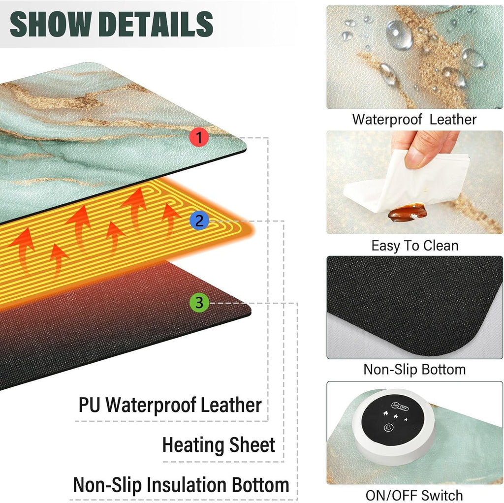 Heated Desk Pad Mouse Pad 31.5x13 Inch PU Leather Desk Mat with 3 Heat Levels Large Mouse Gaming Computer Laptop Mat Mint Green and Gold Marbletexture