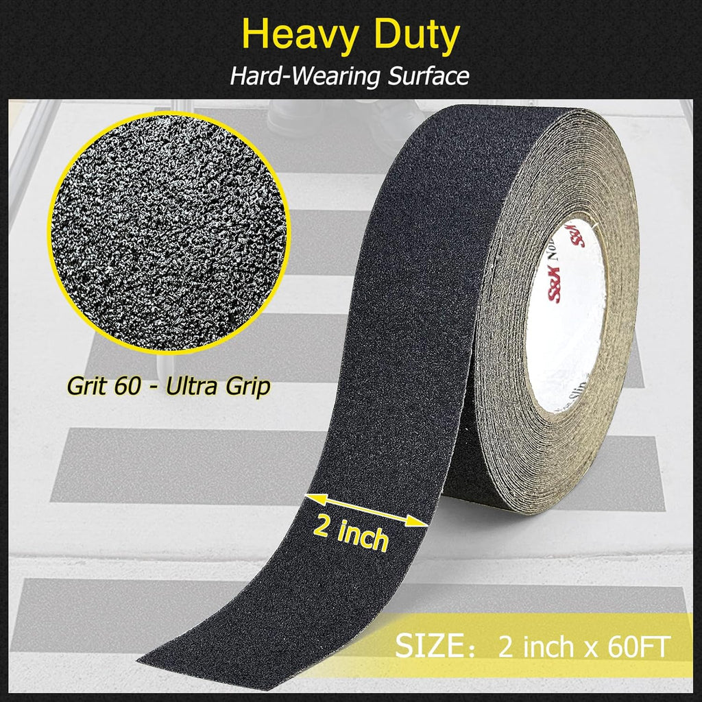 S&X Heavy Duty Anti Slip Tape - 2" x 60' Premium Industrial Grade Grit 60 - Non-Skid Traction Grip Tape for Outdoor Stairs, Steps, Ramps, Boats, Decks - Waterproof, Weather & Wear Resistant
