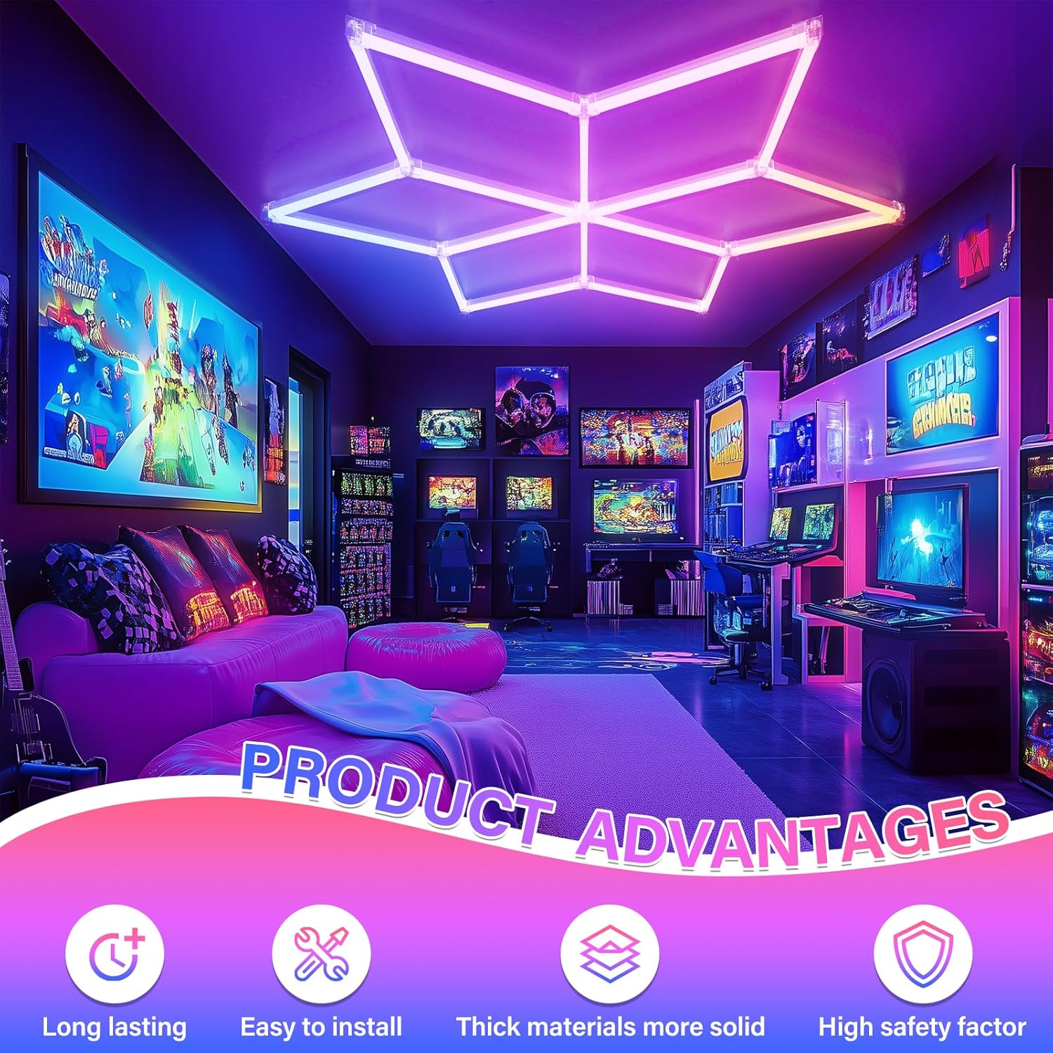 Hexagon Garage Lights RGB - Multicolor RGB with Music Sync Mode (358 Dynamic Effects), Dimming，Speed Control. Perfect for Gaming, Bars, Studios ，Home Gyms