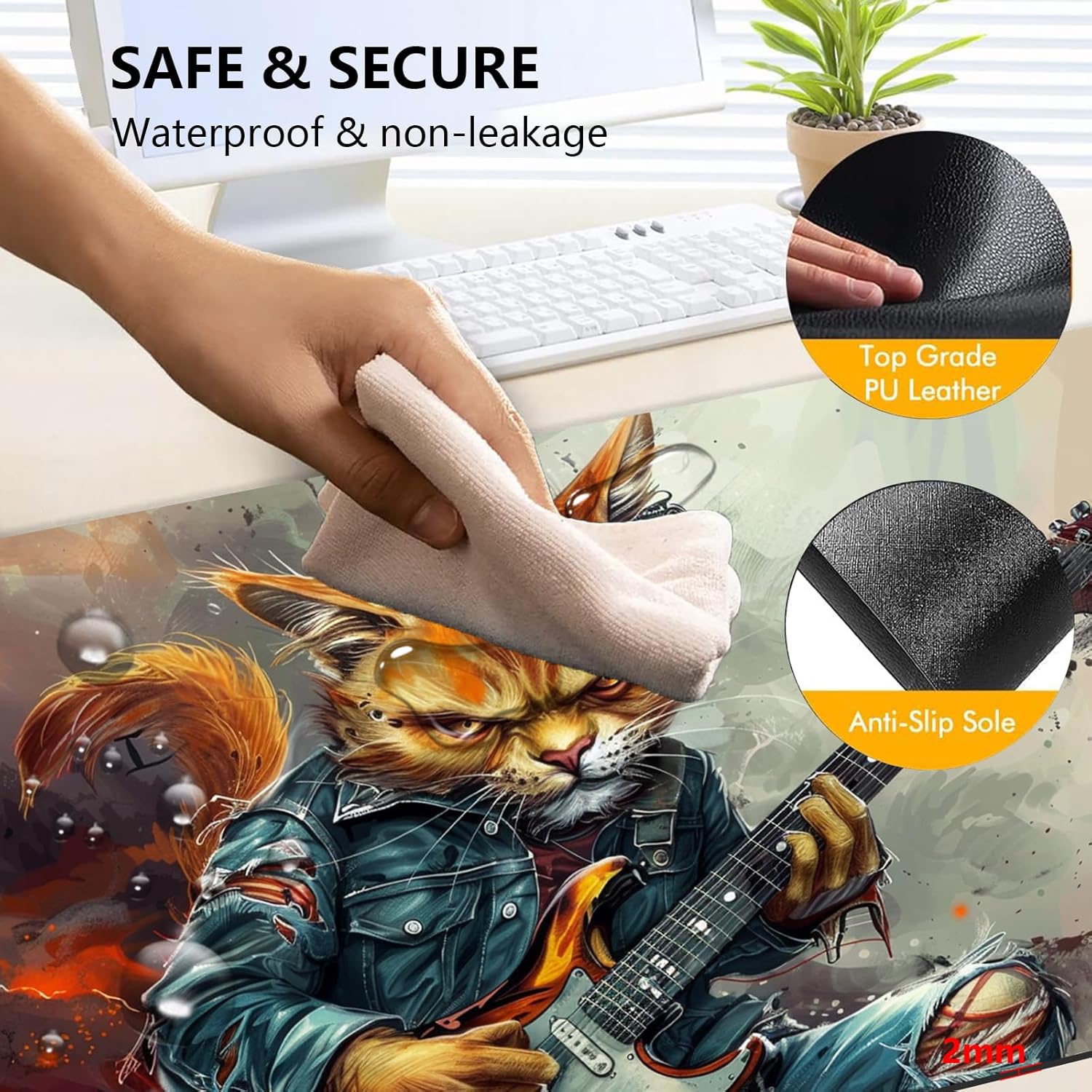 Heated Mouse Pad with 3 Levels Heated & 3 Hours Auto Shut-Off Mouse Pad for Warming Hands in Office Home, 23.6" x 14.2"Large Safe Desk Mat Hand Warmer，Cat Playing Guitar