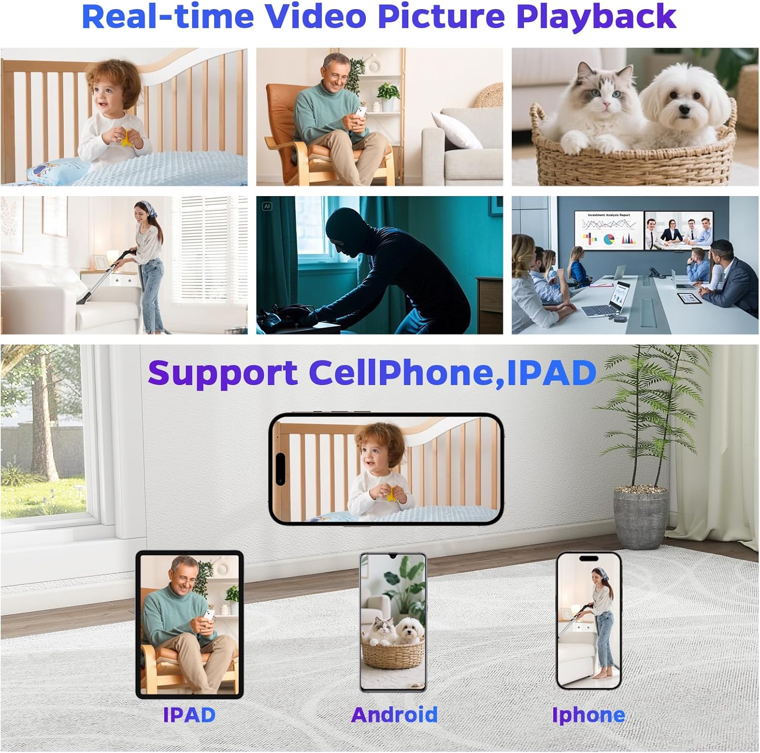1080P Security Cameras for Home, Clock Camera,Pet Dog Camera with Night Light and Bluetooth Speaker, AI Motion Detection