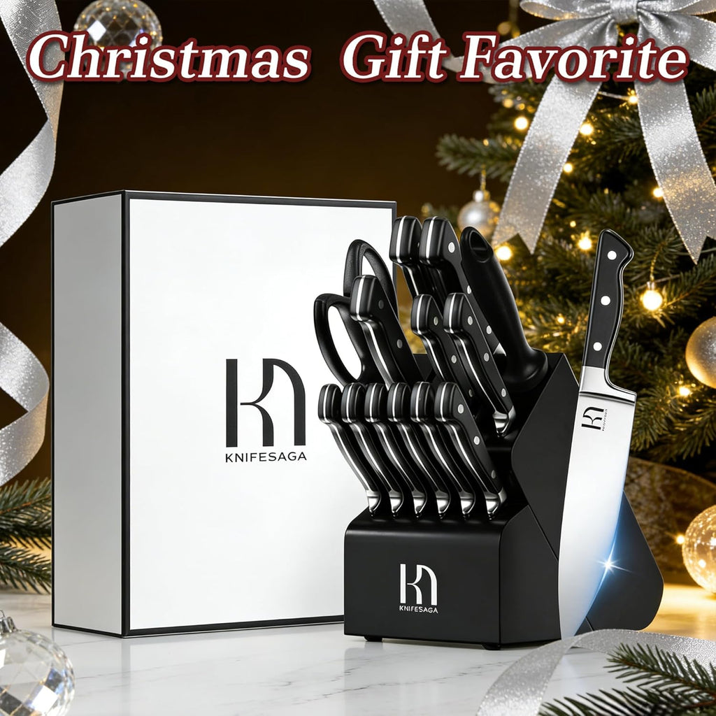 Knife Set, 15 Pcs Kitchen Knife Block Set, Enduring Razor-Sharp Japanese High Carbon Stainless Steel Chef Knife Set with Block and Sharpener, Premium Black Knives Set for Kitchen