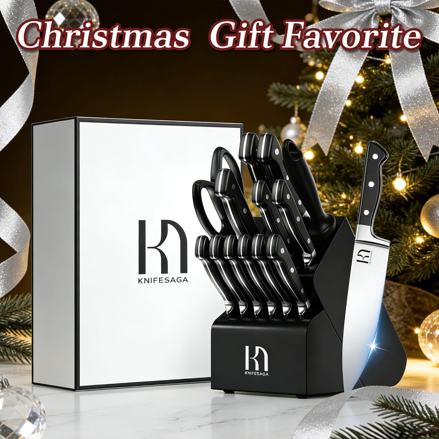 Knife Set, 15 Pcs Kitchen Knife Block Set, Enduring Razor-Sharp Japanese High Carbon Stainless Steel Chef Knife Set with Block and Sharpener, Premium Black Knives Set for Kitchen