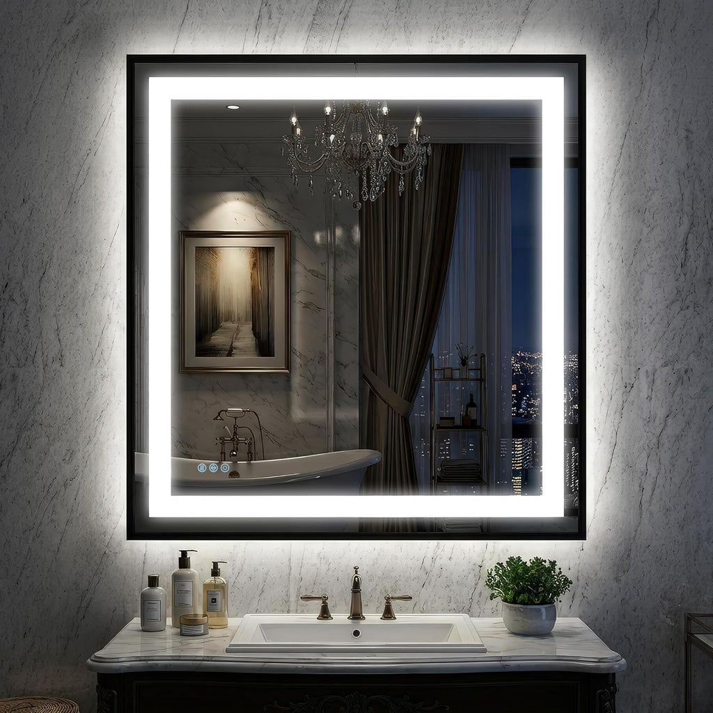 Antok 36X36 LED Bathroom Mirror with Lights, Vanity Mirror for Wall with Black Frame, Touch Control, Anti-Fog, Dimmable Lights, Shatter-Proof, Memory Function, Wall-Mounted Vanity Mirrors