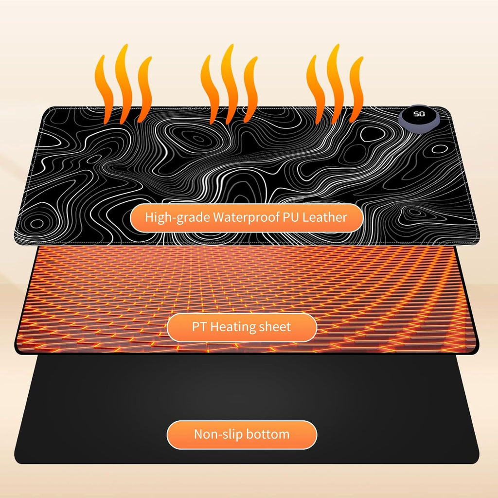 Heated Mouse Pad for Desk 31.5" x 13" – PU Leather Warm Desk Pad with 3 Heat Levels (104°F/113°F/122°F), Plug-in Electric Heating Mat with Auto Shut-Off, Waterproof & Rollable, Topographic Lines