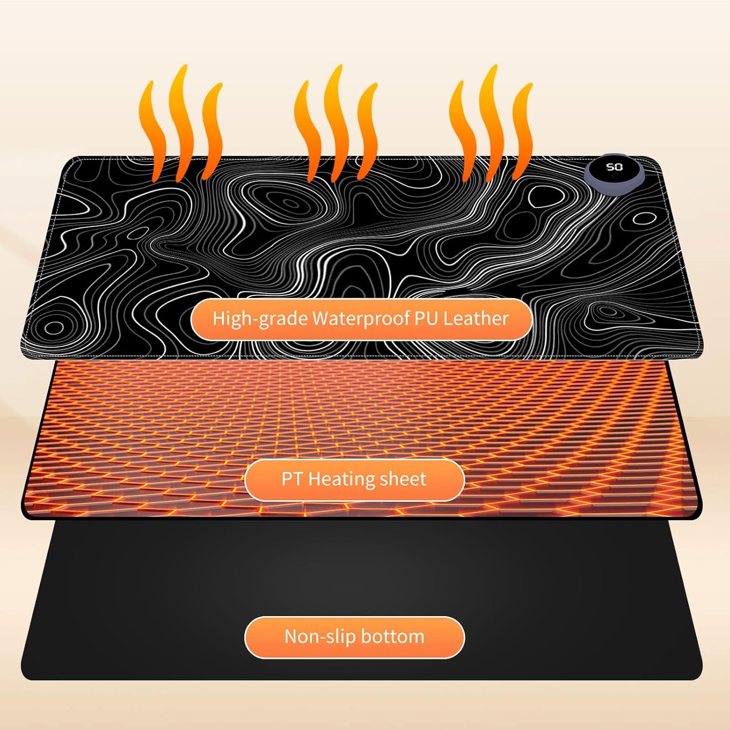 Heated Mouse Pad for Desk 31.5" x 13" – PU Leather Warm Desk Pad with 3 Heat Levels (104°F/113°F/122°F), Plug-in Electric Heating Mat with Auto Shut-Off, Waterproof & Rollable, Topographic Lines