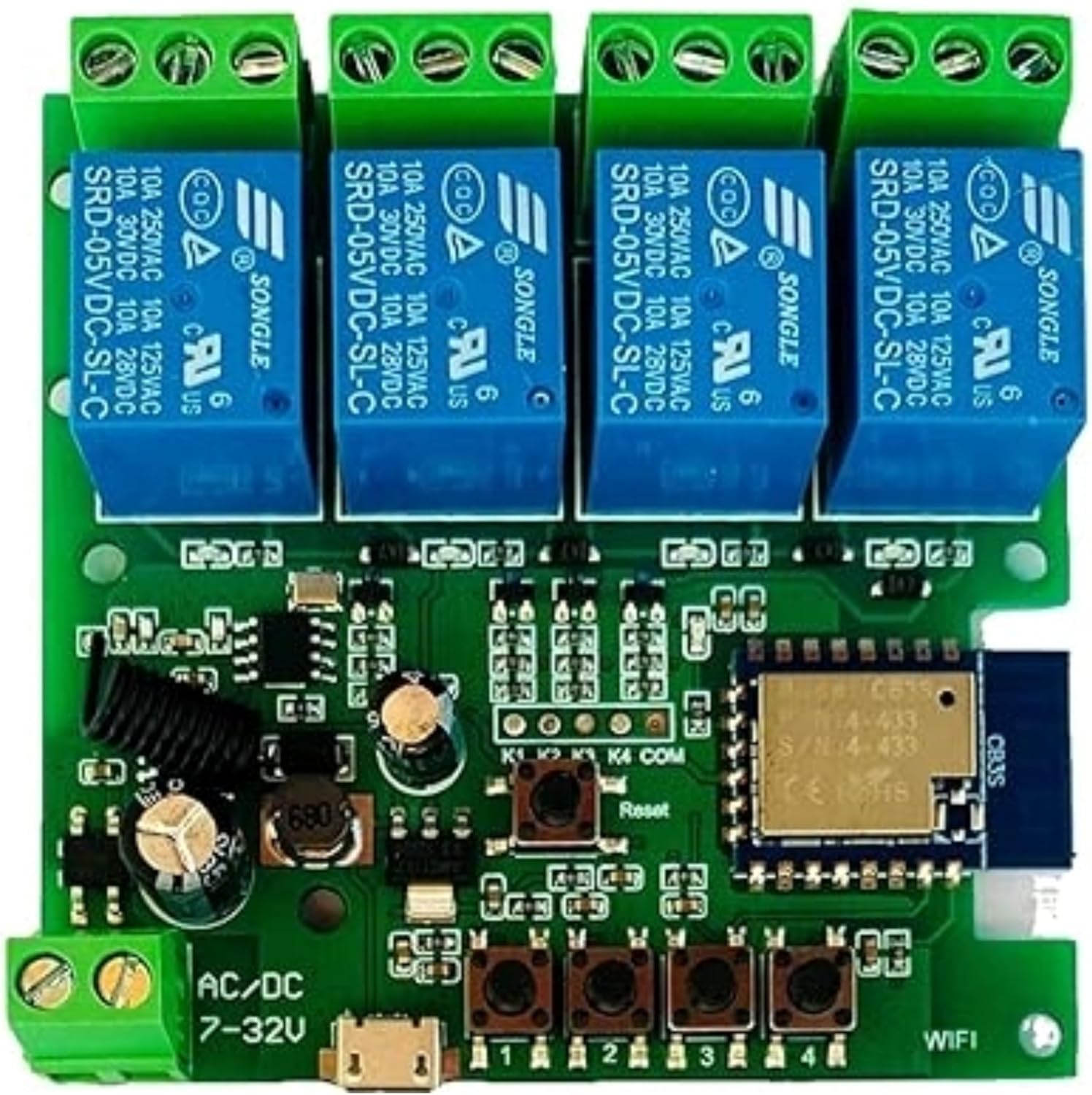 Tuya 4CH Smart Life WiFi Momentary Inching Relay Self-Locking Switch Module,DC/AC 7-32V/USB 5V WiFi RF Bluetooth Relay, Compatible with Alexa Goolge Home