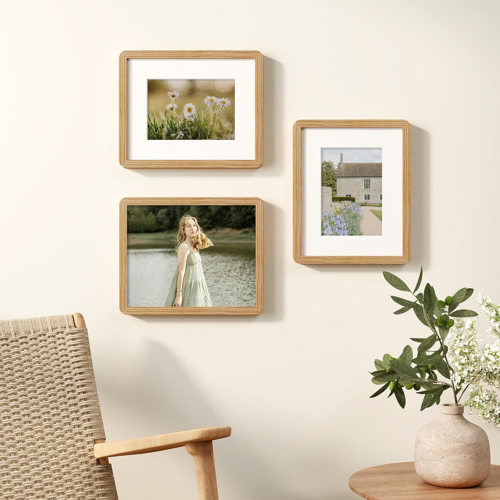8x10 Picture Frame, Rustic 8 by 10 Photo Frame for Wall & Tabletop Display - Solid Oak Wood & Tempered Glass, 8x10 Picture Frame Matted to 5x7, Wood Collage Frames for Home, Natural Oak Color, 3 Pack