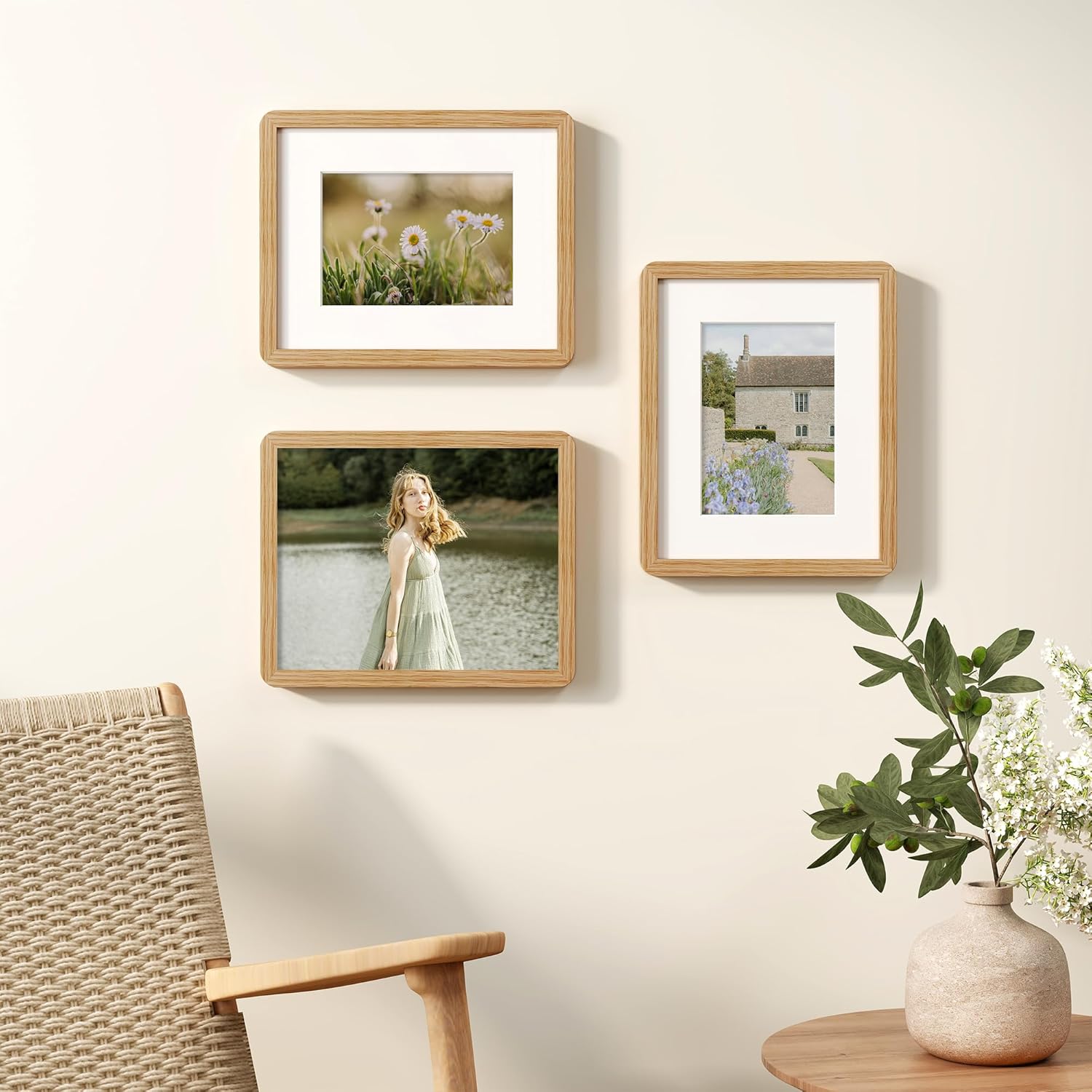 8x10 Picture Frame, Rustic 8 by 10 Photo Frame for Wall & Tabletop Display - Solid Oak Wood & Tempered Glass, 8x10 Picture Frame Matted to 5x7, Wood Collage Frames for Home, Natural Oak Color, 3 Pack