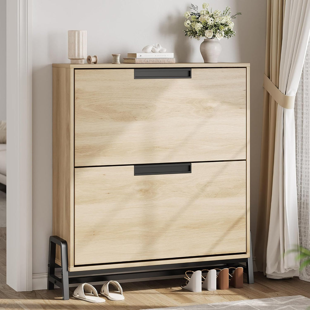 CABIHOME Shoe Storage Cabinet with 2 Flip Drawers, Freestanding Shoe Organizer with Metal Legs, Adjustable Shelf Narrow Shoe Rack Cabinet for Entryway, Hallway, Living Room, Oak