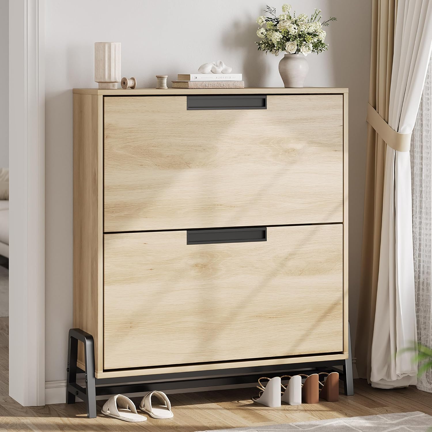 CABIHOME Shoe Storage Cabinet with 2 Flip Drawers, Freestanding Shoe Organizer with Metal Legs, Adjustable Shelf Narrow Shoe Rack Cabinet for Entryway, Hallway, Living Room, Oak