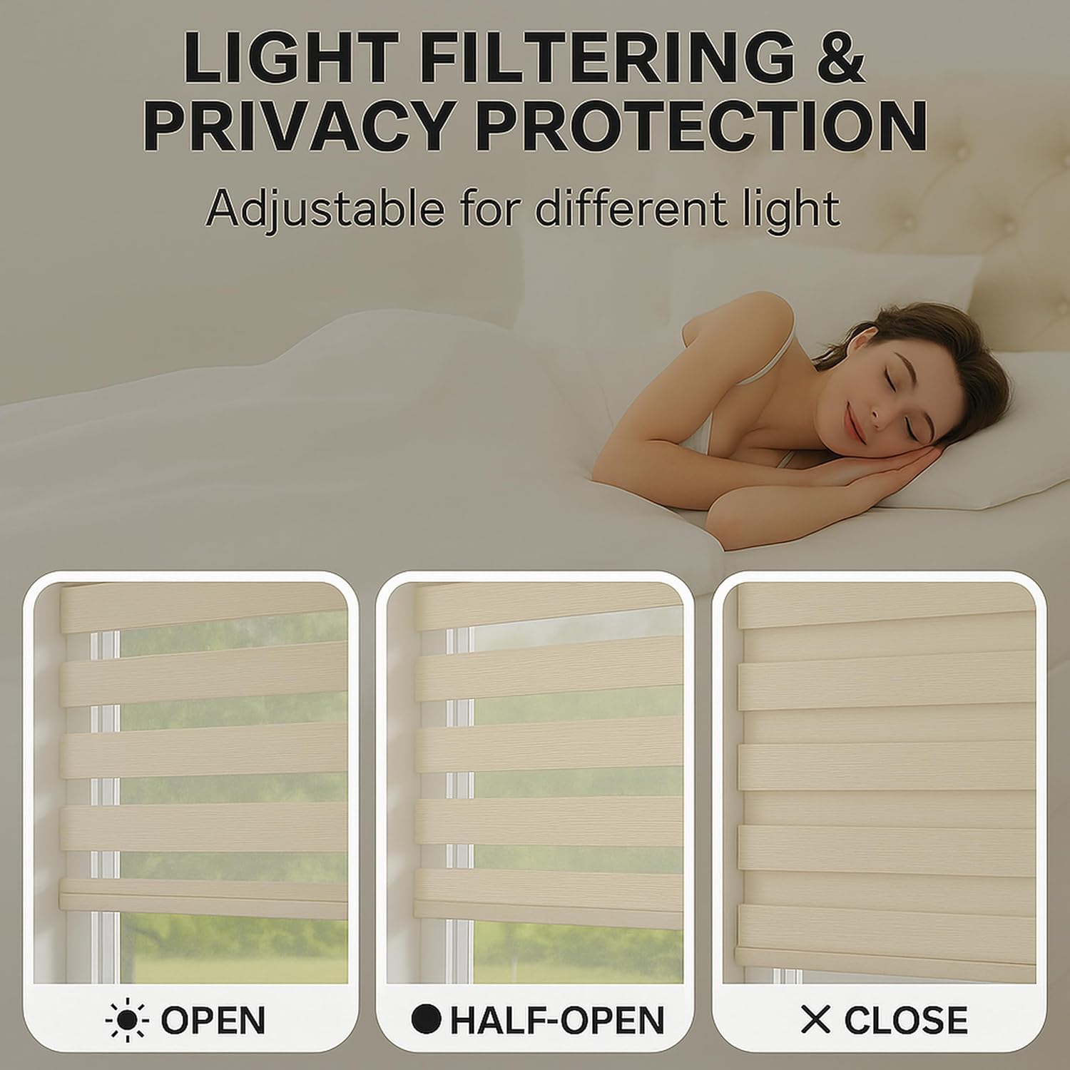 ShadesU Cordless Zebra Blinds for Windows, 65" W x 72" H, Cream, Dual Layer Free-Stop Zebra Shades, Light Control for Day and Night, Sheer Blinds for Indoor Windows, Bedroom, Kitchen