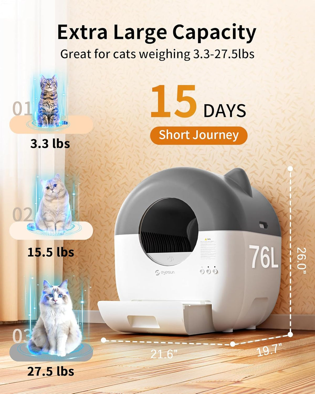 Self Cleaning Litter Box,76L Automatic Cat Litter Box Self Cleaning with APP Control,Low Noise,Safety Protection,Roll Garbage Bags,Deodorizer and Cleaning Brush for Multiple Cats,Xmas