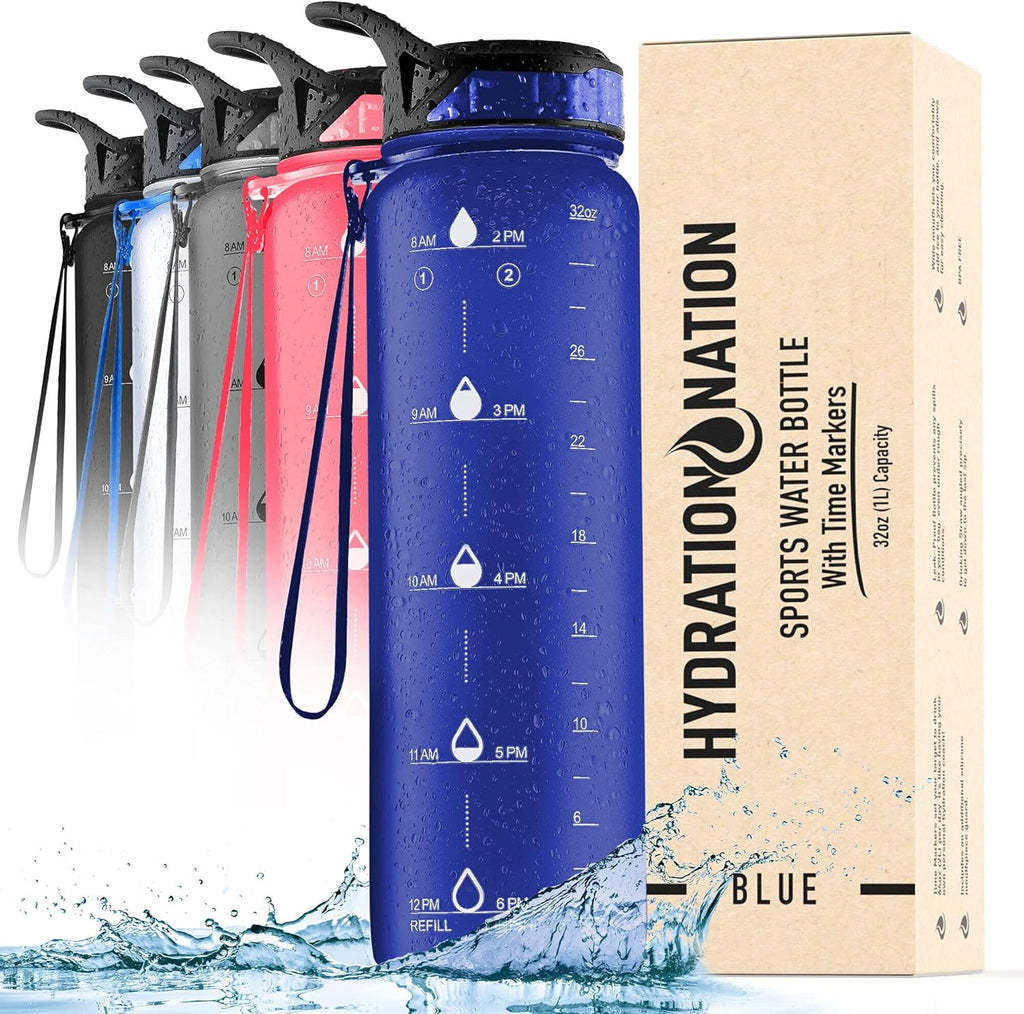 Hydration Nation (32oz Water Bottle With Time Marker - Leak Proof Water Bottles With Times To Drink For Fitness & Sports - 32oz Water Bottle With Straw For Drinking - Water Tracker Bottles (Blue)