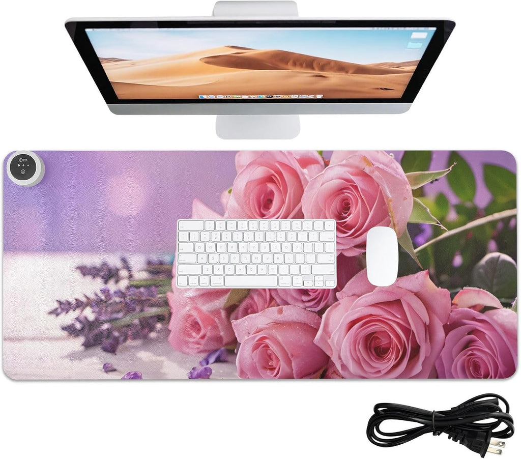 Large Heated Mouse Pad,Leather Desk Mat,31.5"x13",Hand Warmer Pads for Desk,Rose Lavender(Pink)