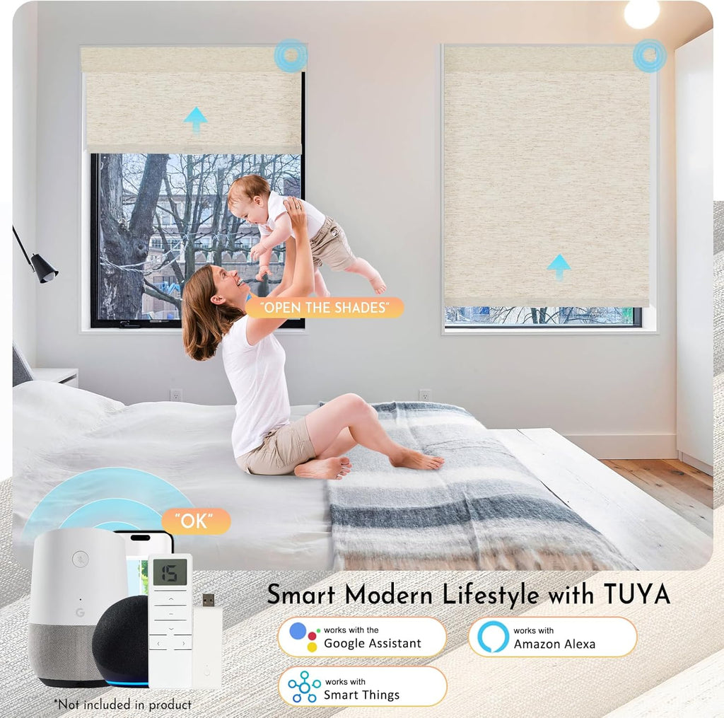 Persilux Smart Motorized Blinds with Remote, No Drill Automatic Roller Shades for Indoor Windows, Blackout Linen Fabric, Electric Blinds for Windows, Linen Cream C156BO-1, Custom Size