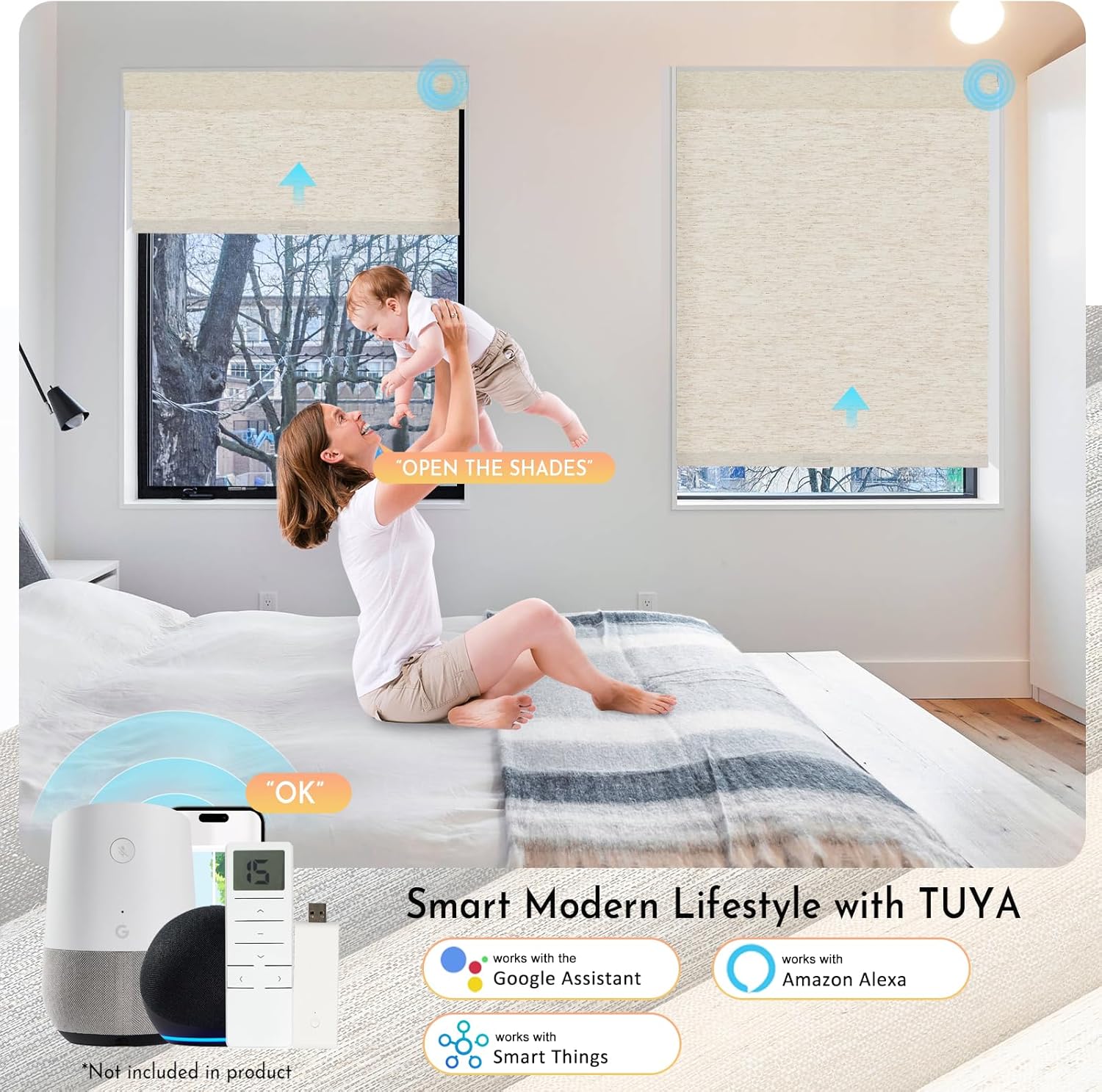 Persilux Smart Motorized Blinds with Remote, No Drill Automatic Roller Shades for Indoor Windows, Blackout Linen Fabric, Electric Blinds for Windows, Linen Cream C156BO-1, Custom Size